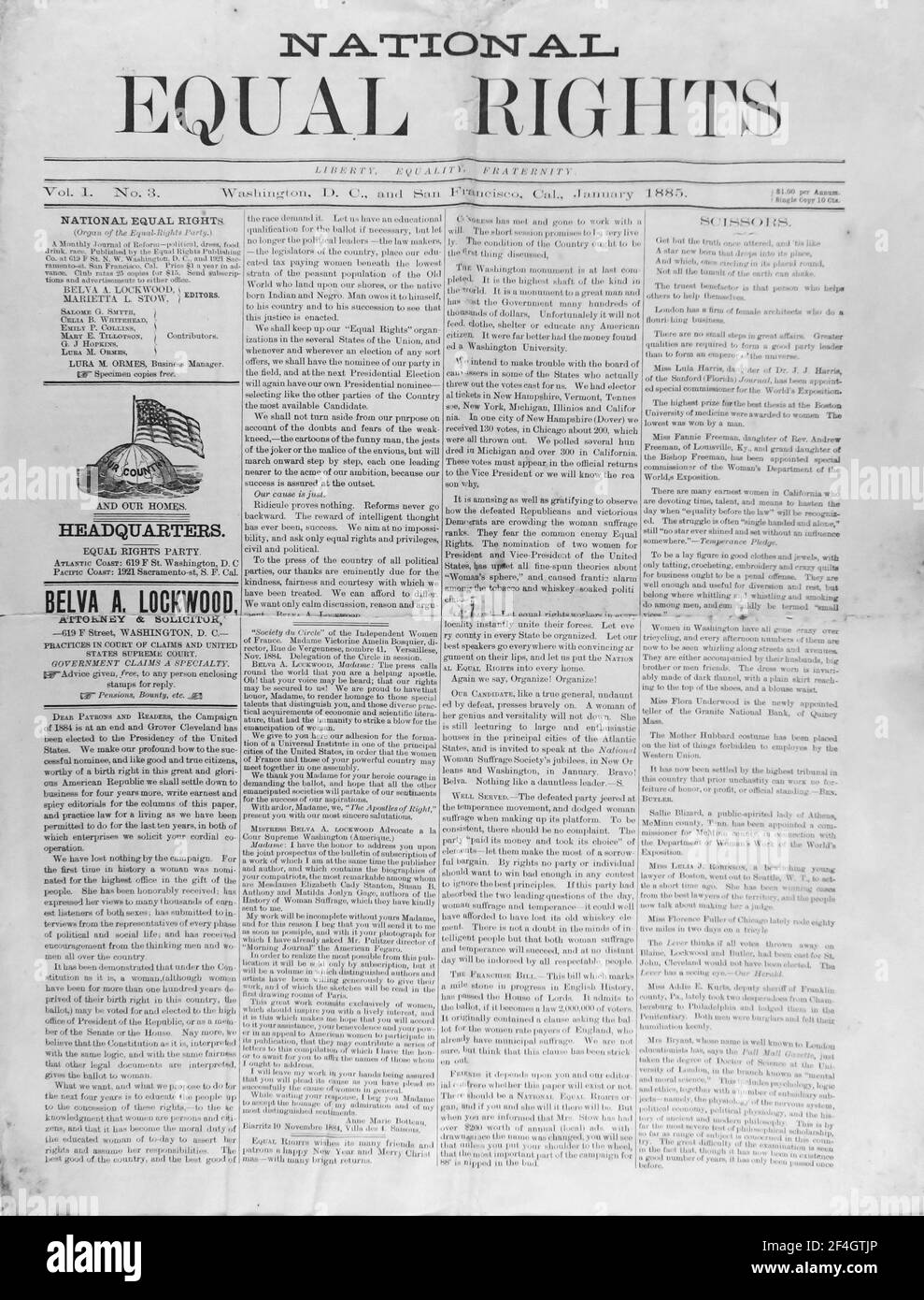 Cover of Belva Ann Lockwood and Marietta Stow's National Equal Rights journal, formerly the Woman's Herald of Industry and Social Science Cooperator, published in Washington, DC and San Francisco, California, for the American market, 1885. Photography by Emilia van Beugen. () Stock Photo