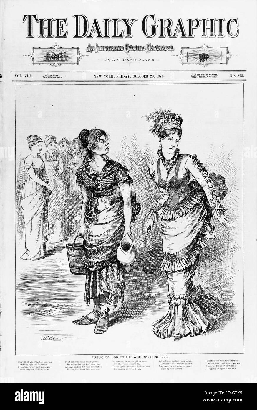 Cover illustration from The Daily Graphic, contrasting the privileged figure of a Women's Congress member with a 'working woman' they claimed to represent, published in New York for the American market, 1875. Photography by Emilia van Beugen. () Stock Photo