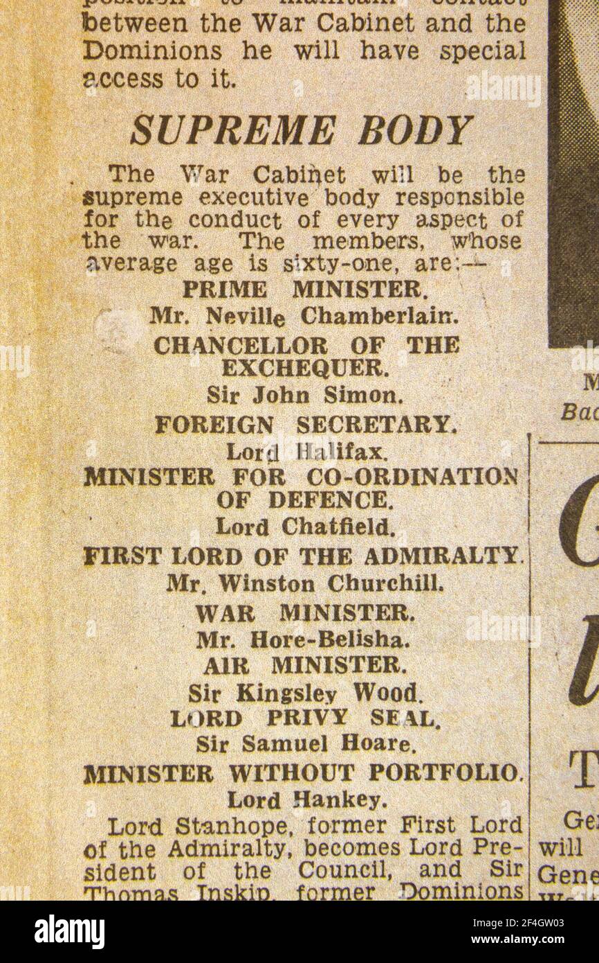 UK Government War Cabinet announced in The Daily Express (replica), 4th September 1939, the day after World War II was declared. Stock Photo