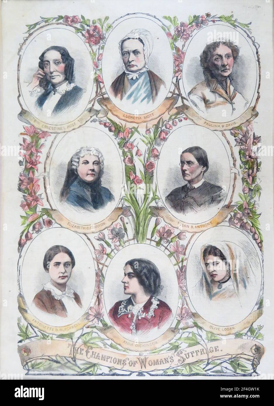 Poster or print with portrait illustrations of eight female suffrage leaders, printed for the American market, 1800. Photography by Emilia van Beugen. () Stock Photo