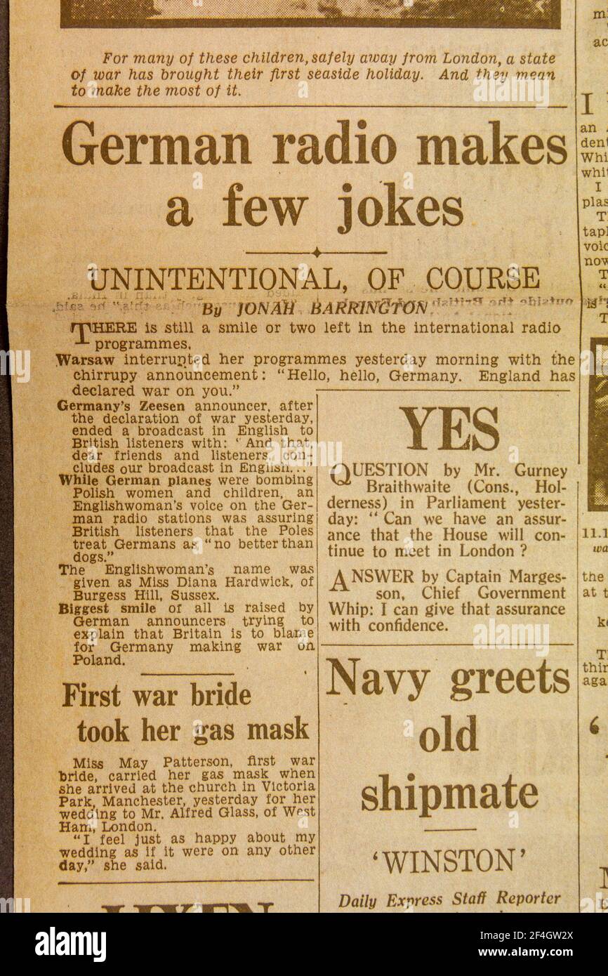 'German radio makes a few jokes-unintentional of course' headline in The Daily Express (replica), 4th September 1939, the day after WWII was declared. Stock Photo