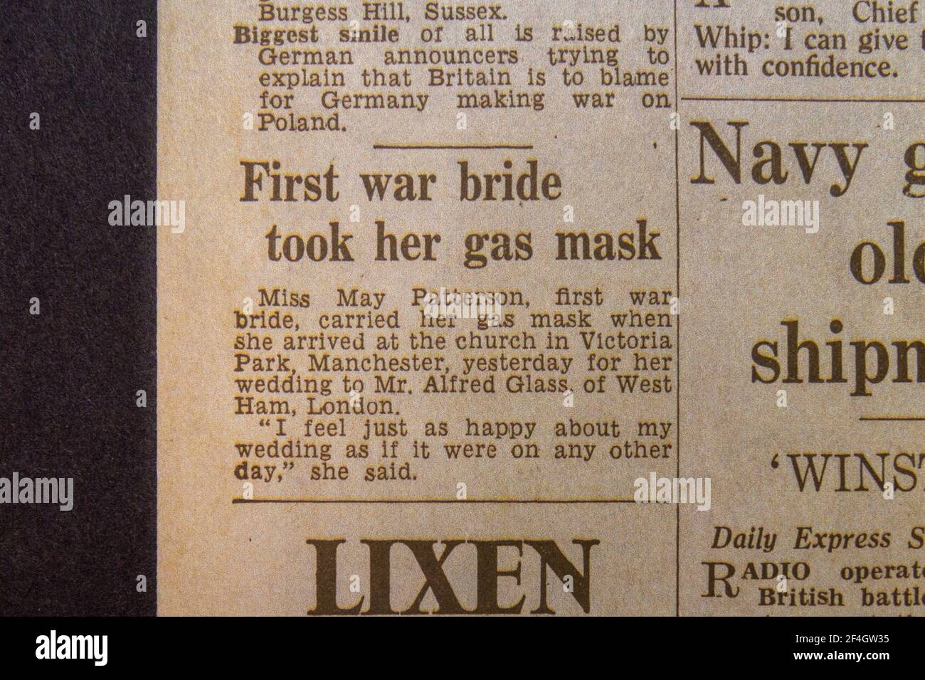 'First war bride took her gas mask' headline in The Daily Express (replica), 4th September 1939, the day after World War II was declared. Stock Photo