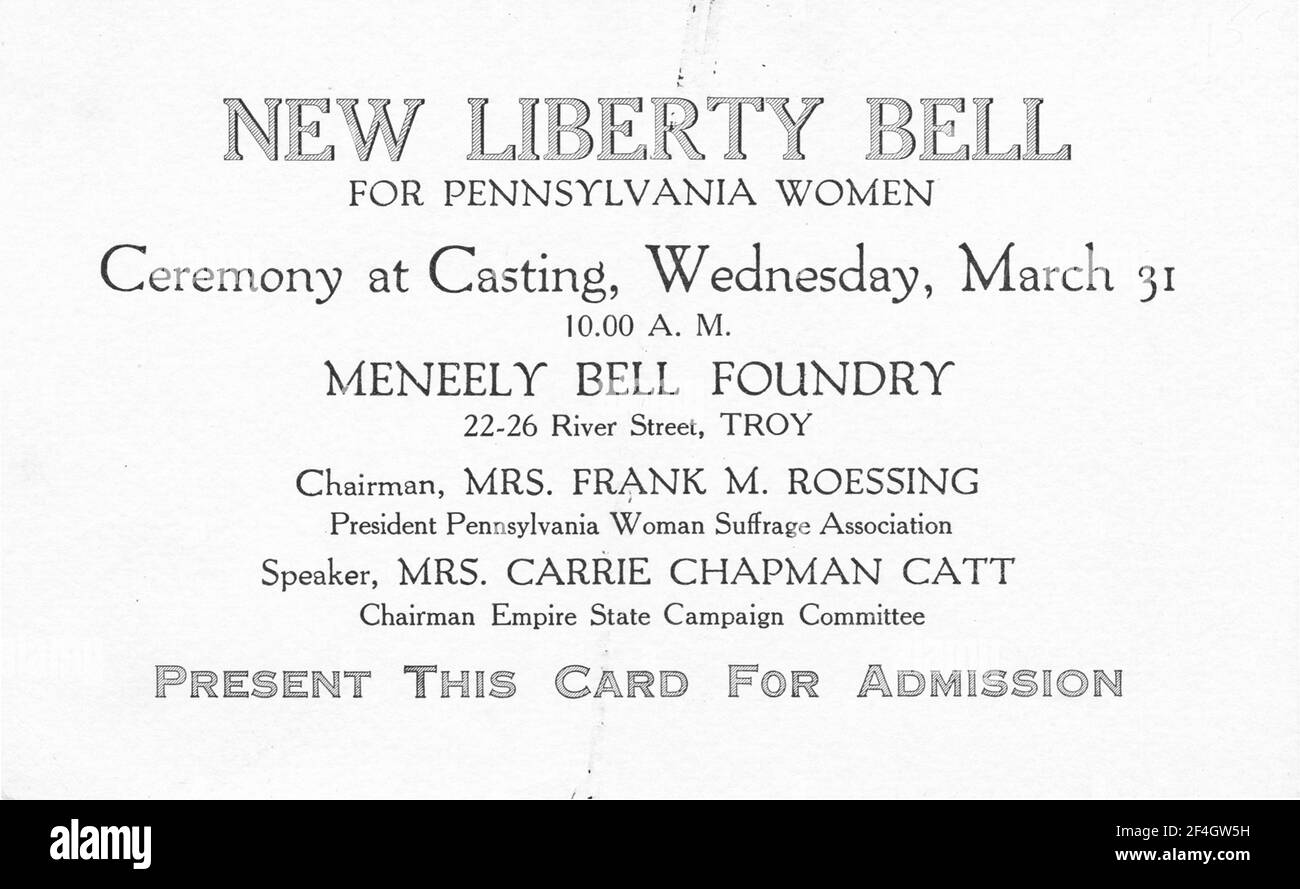 A ticket to the ceremonial casting of the Justice Bell or New Liberty Bell, a replica of the Liberty Bell commissioned by Pennsylvanian suffragists and used for campaigns from 1915-1920, Meneely Bell Foundry, Troy, New York, March 31, 1915. () Stock Photo