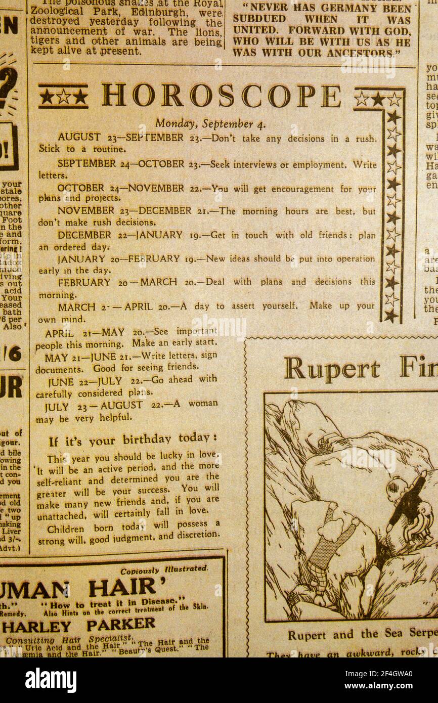 Horoscope in The Daily Express (replica), 4th September 1939, the day after World War II was declared. Stock Photo