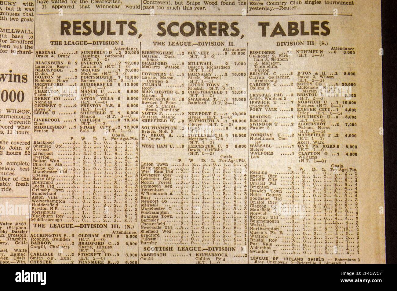 Football league results,scorers and tables in The Daily Express (replica), 4th September 1939, the day after World War II was declared. Stock Photo