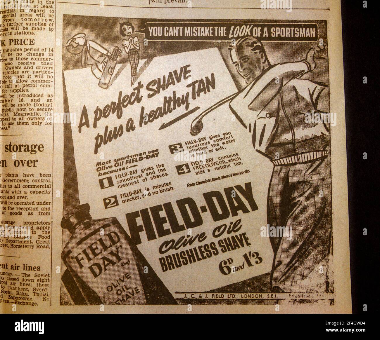 Advert for Field-Day olive oil brushless shave in The Daily Express (replica), 4th September 1939, the day after World War II was declared. Stock Photo