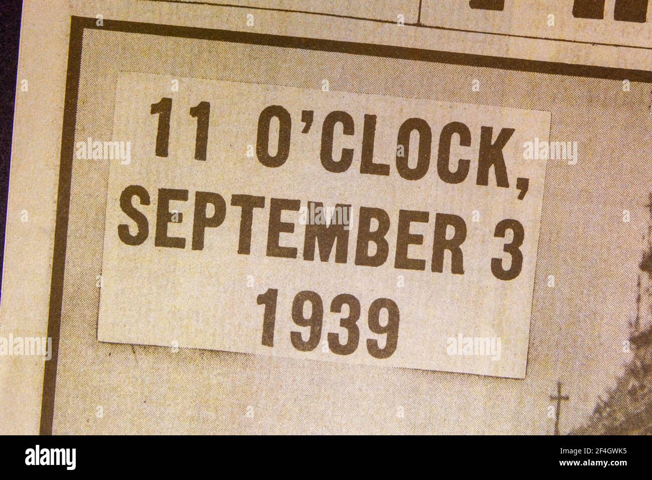 '11 o'clock September 3, 1939' headline in The Daily Express (replica), 4th September 1939, the day after World War II was declared. Stock Photo