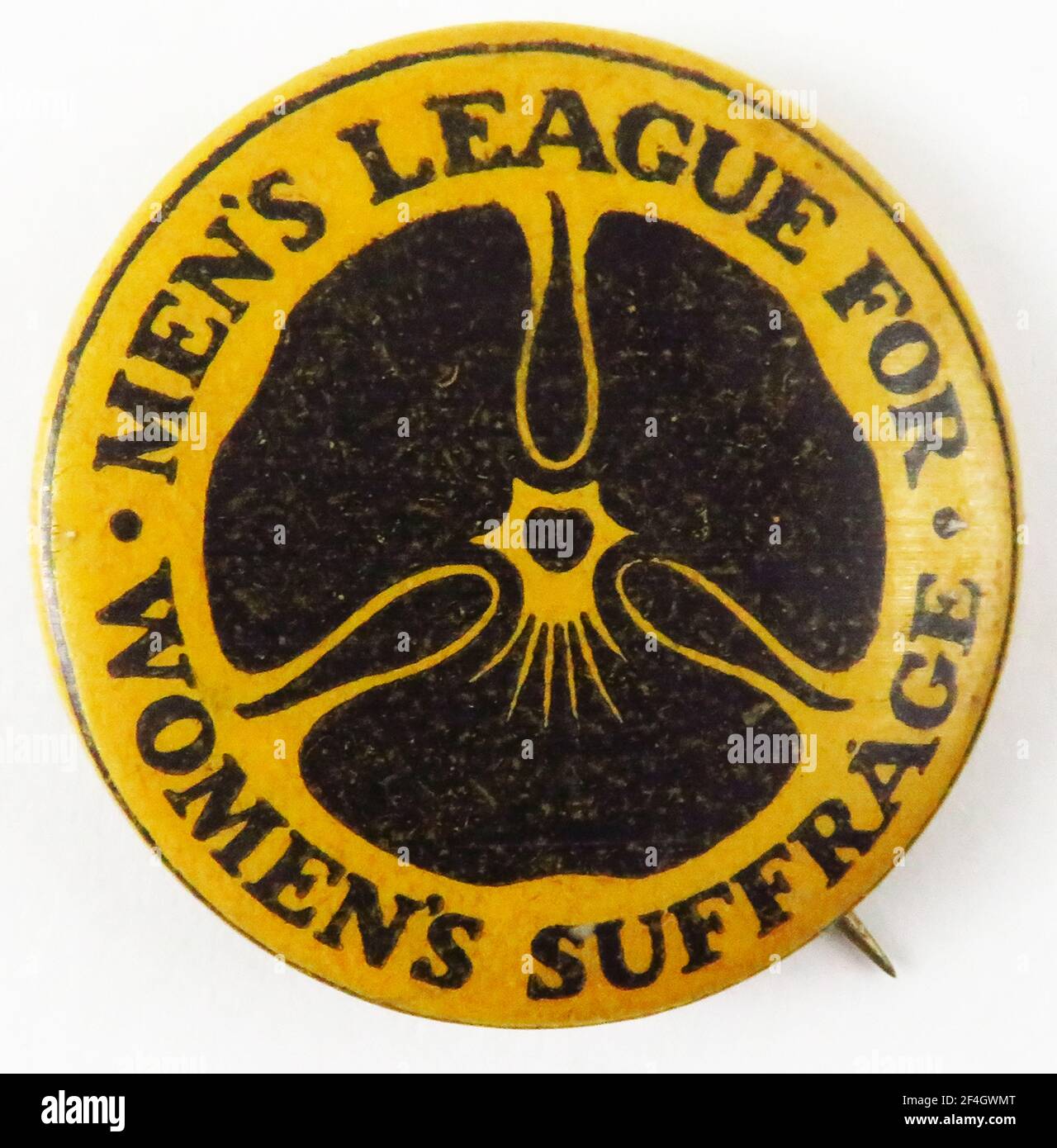 Yellow and black button for the Men's League for Women's Suffrage, a male organization promoting women's right to vote, United Kingdom, 1910. Photography by Emilia van Beugen. () Stock Photo