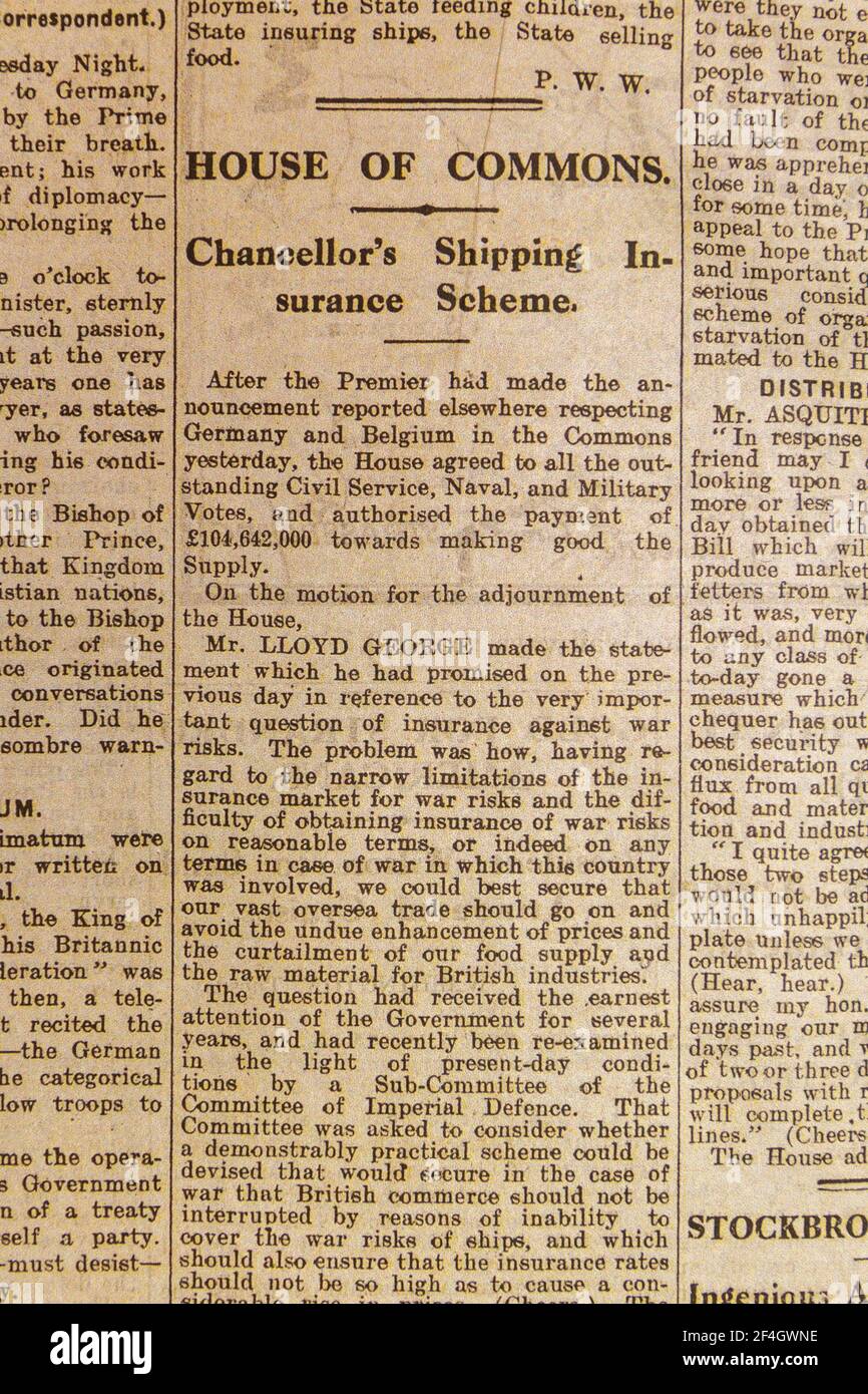 Report from House of Commons about Chancellors Shipping Insurance Scheme in the Daily News & Reader newspaper on 5th Aug 1914. Stock Photo
