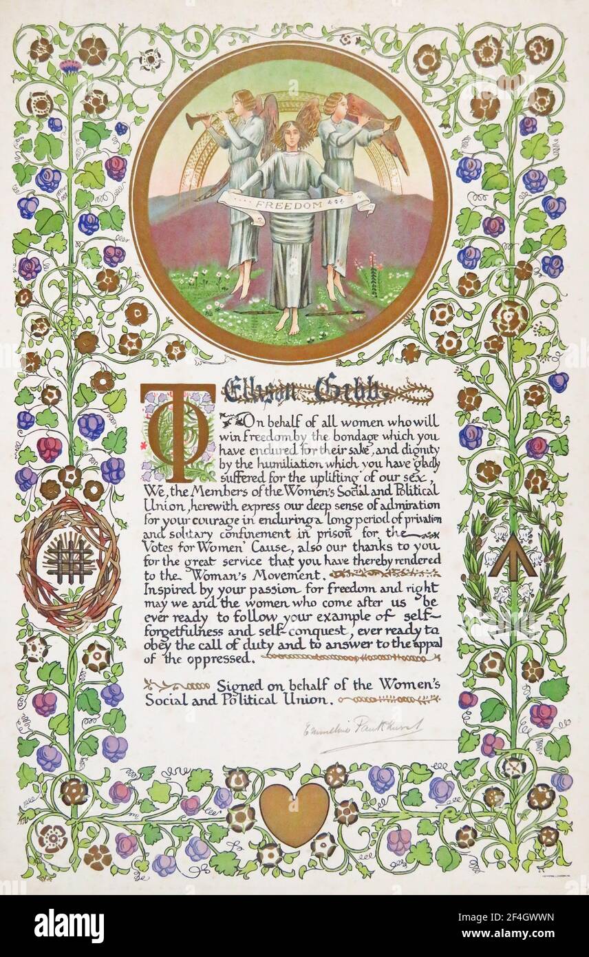 Illuminated manuscript, given out by the Women's Social and Political Union to acknowledge the imprisonment of English women for their struggles to attain votes for women, designed in 1908 by Sylvia Pankhurst, daughter of WSPU founder Emmeline Pankhurst, 1908. Photography by Emilia van Beugen. () Stock Photo