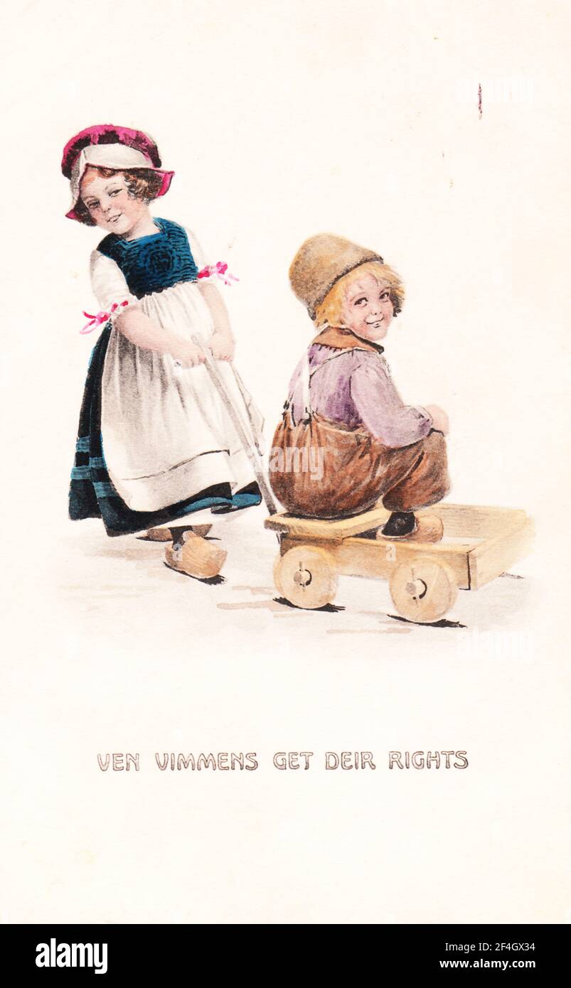 Anti-suffrage postcard, depicting a small Dutch girl pulling a boy on a wagon, and warning that suffrage will cause women to lose their protected status, captioned 'Ven Vimmens Get Deir Rights', 1900. Photography by Emilia van Beugen. () Stock Photo