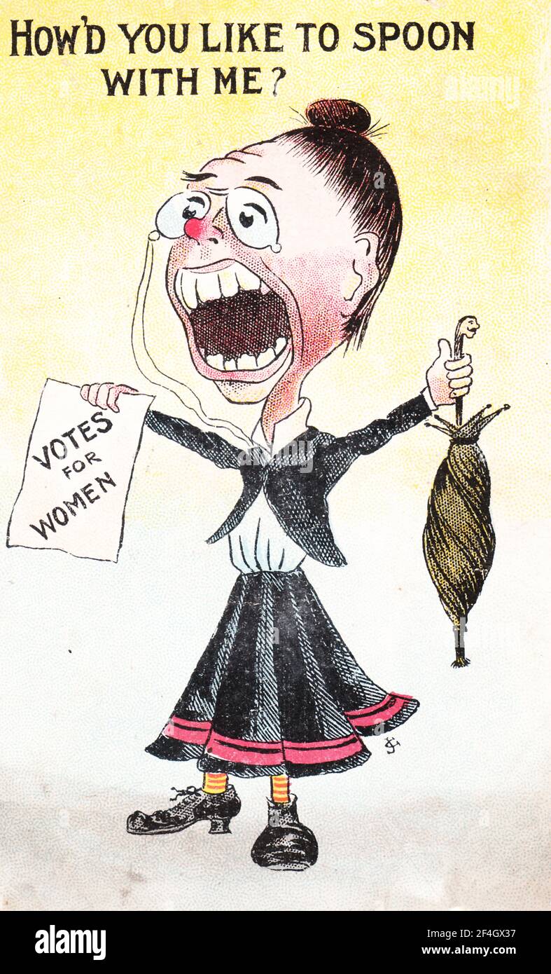 Anti-suffrage postcard, depicting suffragists as unattractive and un-marriageable, with a caricature of a mature woman shouting and waving a 'Votes for Women' flyer, captioned 'How'd You Like To Spoon With Me?', 1905. Photography by Emilia van Beugen. () Stock Photo