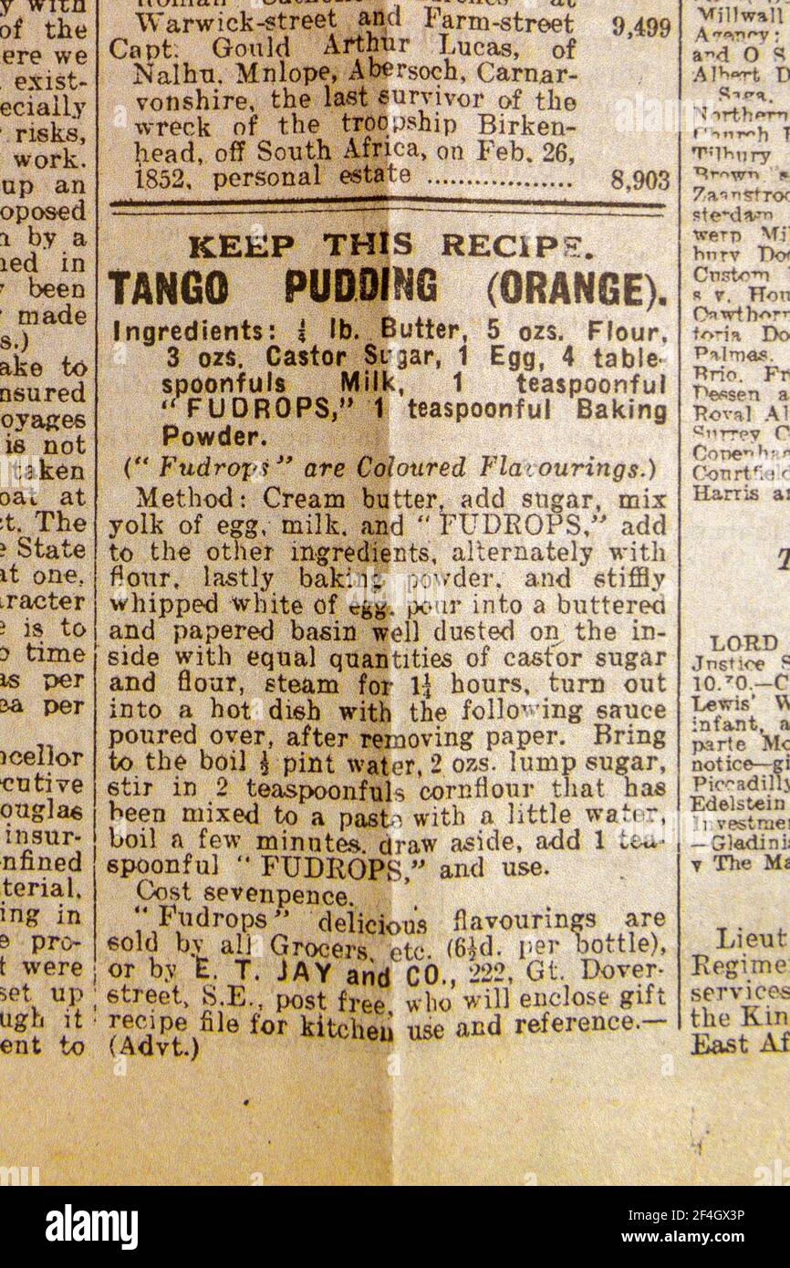 Recipe for tango pudding (orange) in the Daily News & Reader newspaper on 5th Aug 1914. Stock Photo