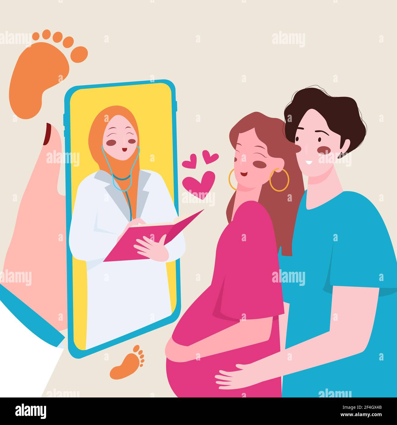 pregnant woman and husband online consultation with female obstetrician ...