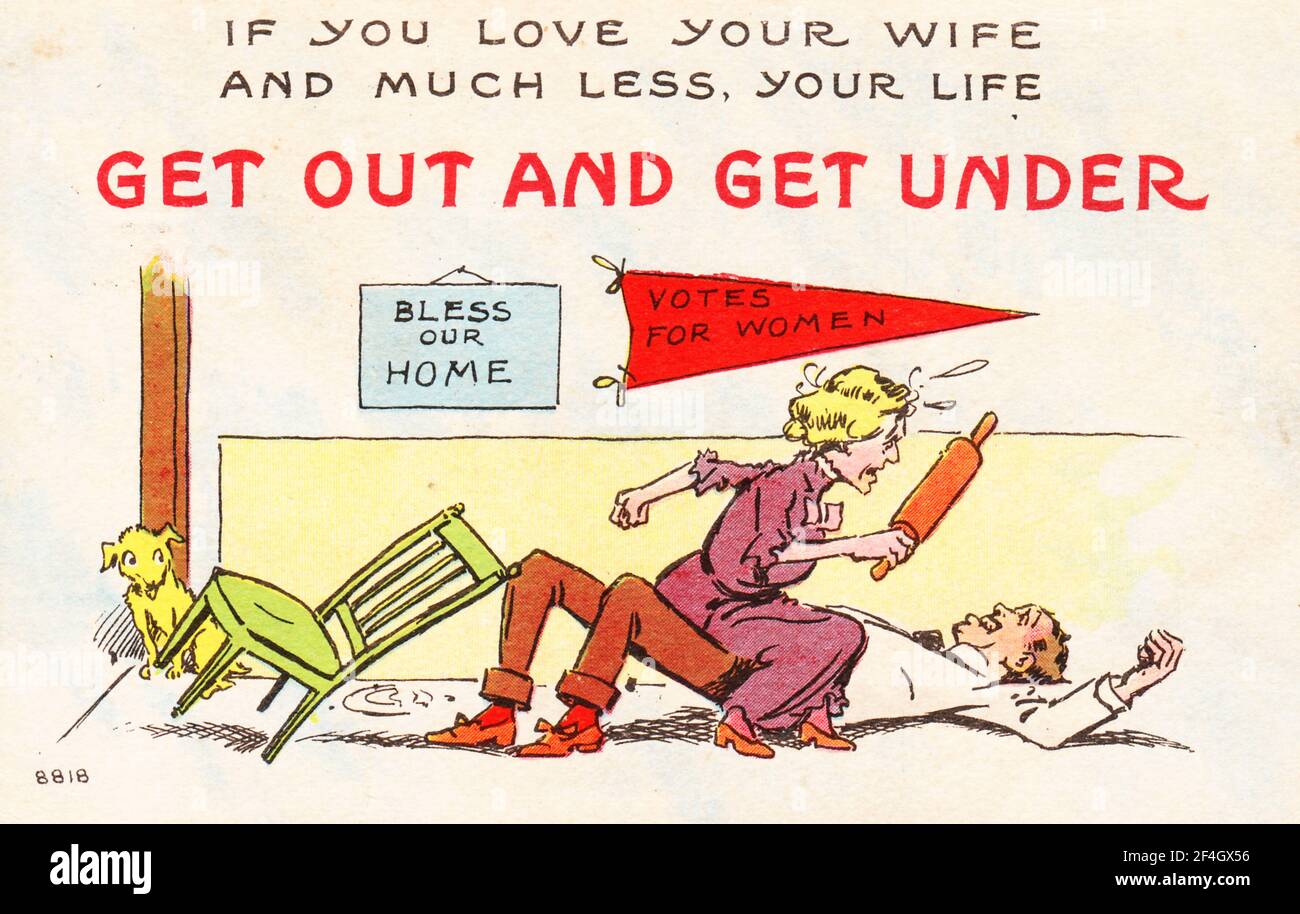 Anti-suffrage postcard, warning of the dangers of gender role reversal by depicting an angry wife sitting on her husband and threatening him with a rolling pin, with a 'Votes For Women' pennant on the wall, 1905. Photography by Emilia van Beugen. () Stock Photo