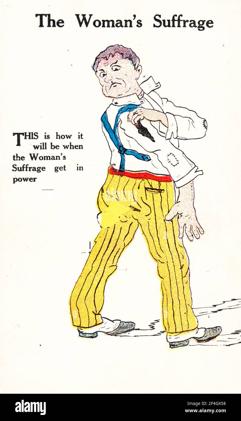 Anti-suffrage postcard, depicting a man looking angrily at his rumpled, poorly mended shirt, with a caption warning that 'This is how it will be when the Woman's Suffrage get in power', 1900. Photography by Emilia van Beugen. () Stock Photo