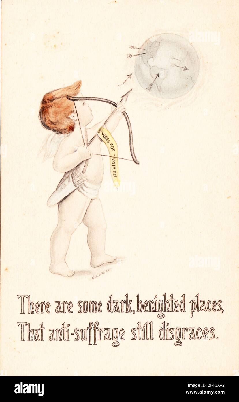 Pro-suffrage postcard, depicting a Cupid wearing a banner marked 'Votes for Women' shooting arrows into locations on a globe where women cannot vote, captioned 'There are some dark, benighted places, That anti-suffrage still disgraces, ' by artist CE Perry, 1915. Photography by Emilia van Beugen. () Stock Photo