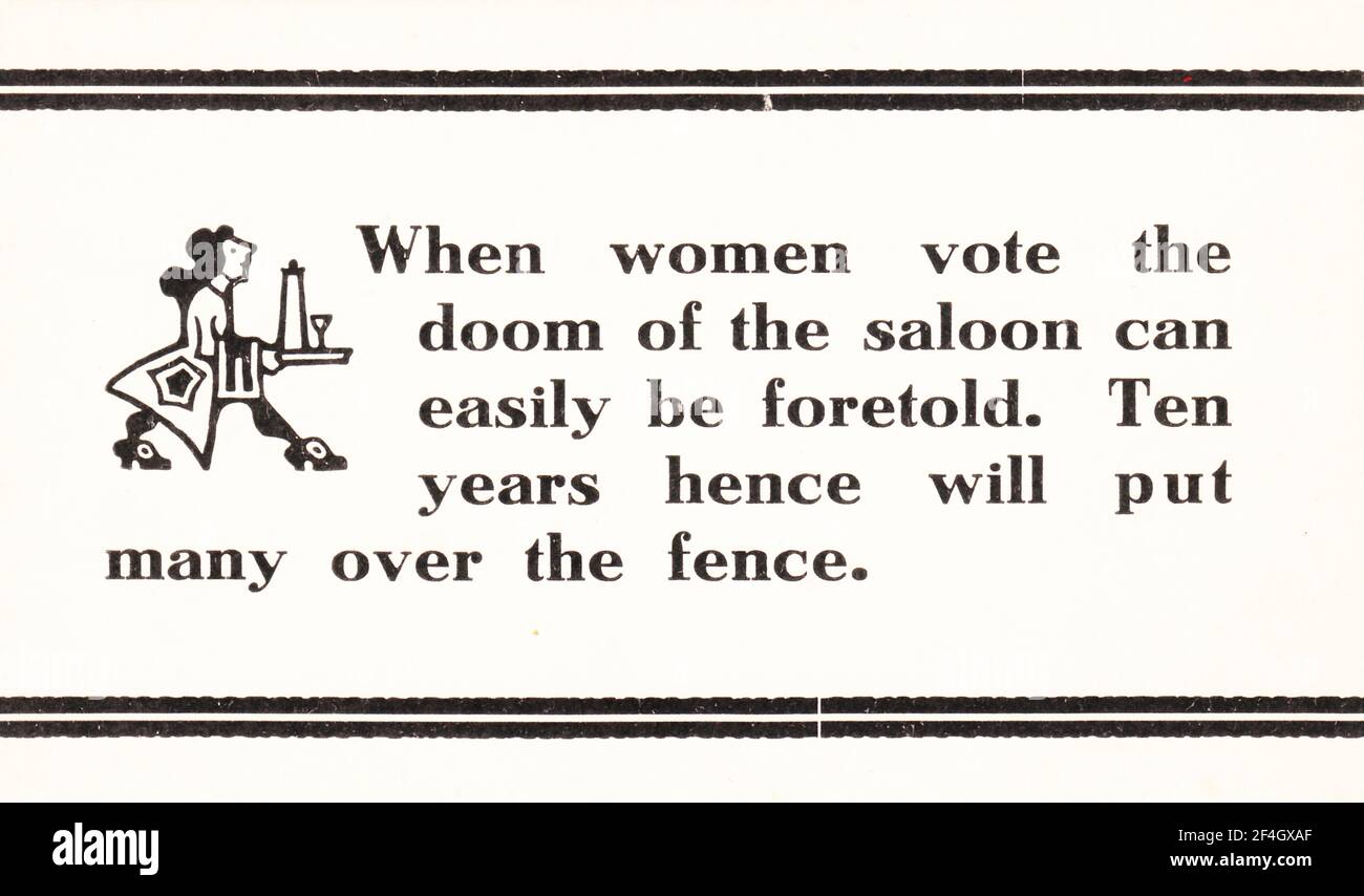 Postcard with a colonial barman silhouette and the text 'When women vote, the doom of the saloon can easily be foretold, ' suggesting that women's votes will enable prohibition, published in Rochester, New York, 1900. Photography by Emilia van Beugen. () Stock Photo