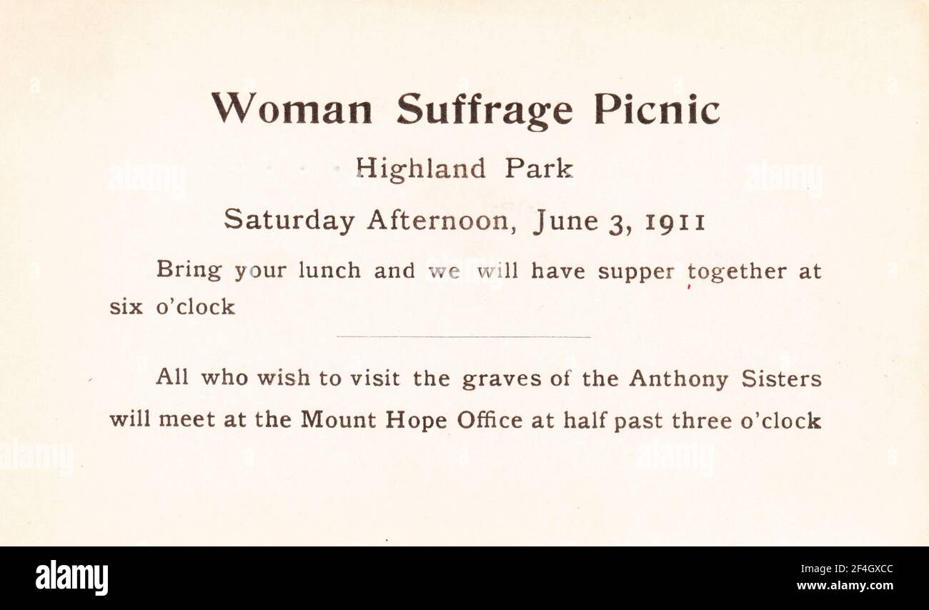 Suffrage postcard advertising a 'Woman Suffrage Picnic' that includes a visit to the graves of Susan B Anthony and her sister, Mary, at Highland Park in Rochester, New York, 1911. Photography by Emilia van Beugen. () Stock Photo
