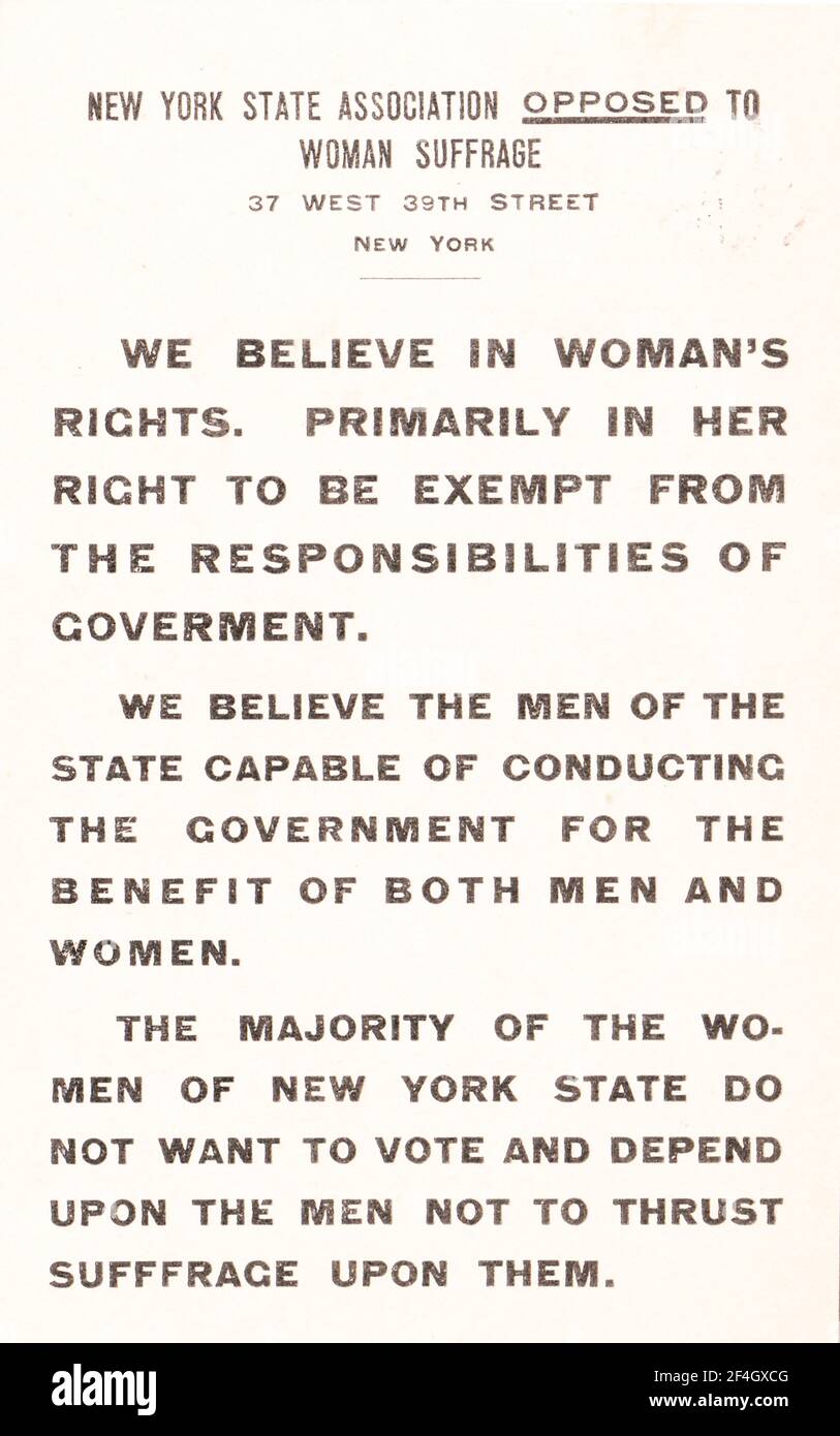 Postcard arguing that 'the majority of the women of New York State do not want to vote and depend upon the men not to thrust suffrage upon them, ' published by the New York State Association Opposed to Woman Suffrage, 1900. Photography by Emilia van Beugen. () Stock Photo