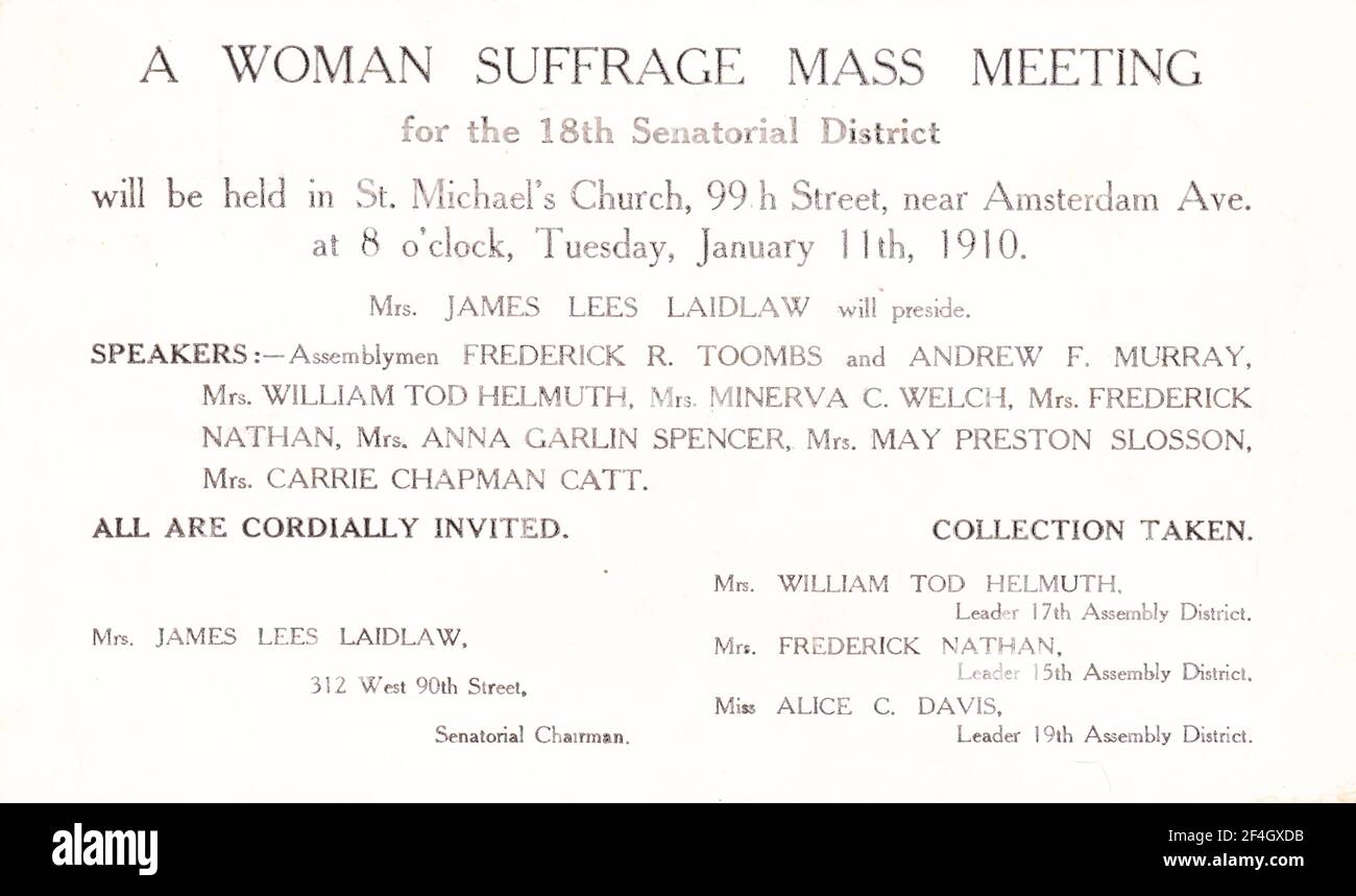 Suffrage postcard advertising a Woman Suffrage Mass Meeting, featuring speakers Carrie Chapman Catt and Mrs James Laidlaw, at Saint Michael's Church, New York City, 1910. Photography by Emilia van Beugen. () Stock Photo