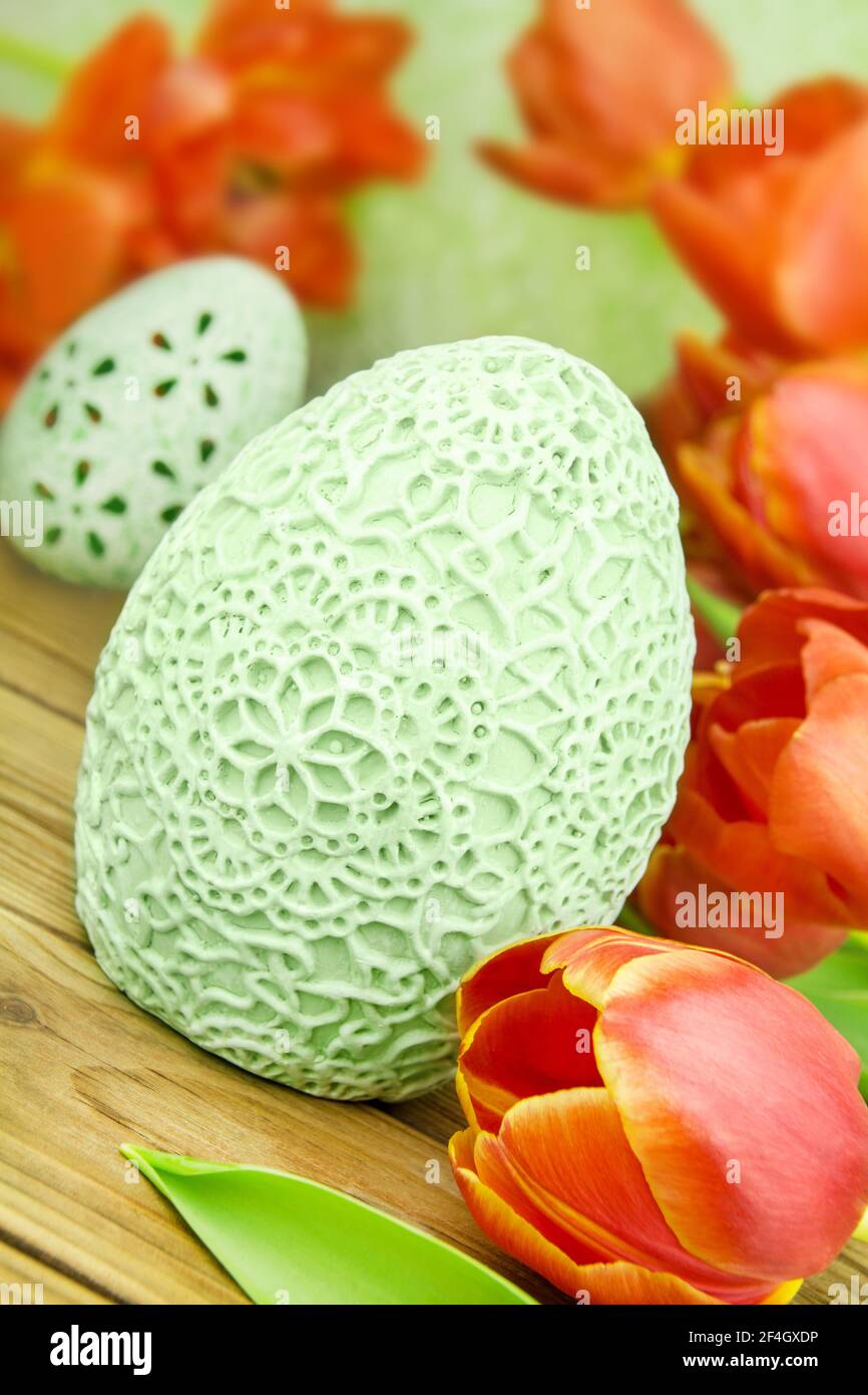 Easter decoration eggs and tulips Stock Photo