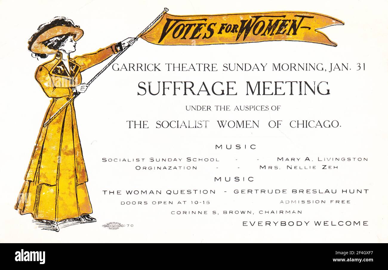Suffrage postcard with a generic image of a young, stylish woman holding a banner marked 'Votes for Women, ' and an announcement for a 'Suffrage Meeting, ' hosted by the Socialist Women of Chicago, at Garrick Theatre, 1900. Photography by Emilia van Beugen. () Stock Photo