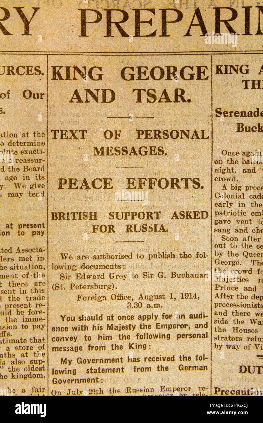 'King George and Tsar' headline in the Daily News & Reader newspaper on 5th Aug 1914. Stock Photo