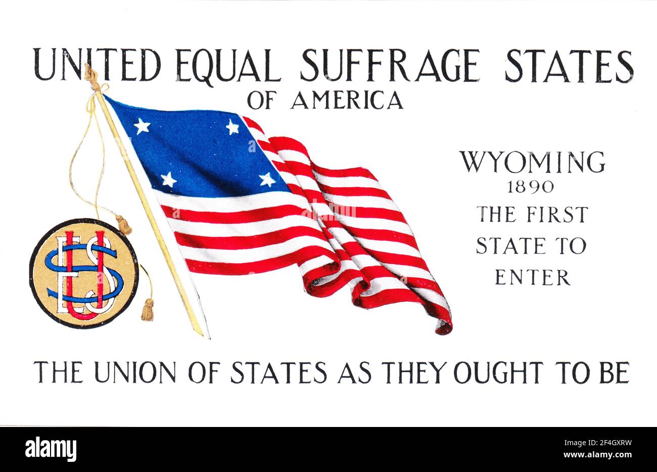 Suffrage postcard, with a four-starred American flag, celebrating Wyoming as the first of four states to grant women full voting rights, endorsed by the National Woman's Suffrage Association, published by the Cargill Company, Grand Rapids, Michigan, 1910. Photography by Emilia van Beugen. () Stock Photo