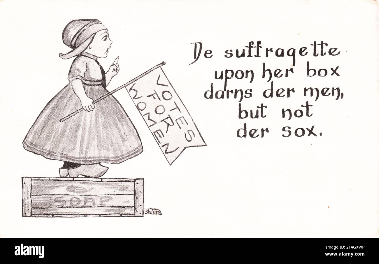Postcard depicting a Dutch girl speaking from a soapbox and holding a 'Votes for Women' pennant, captioned 'De suffragette upon her box darns der men, but not der sox, ' published by Comic Dutch, printed in the United States, 1900. Photography by Emilia van Beugen. () Stock Photo