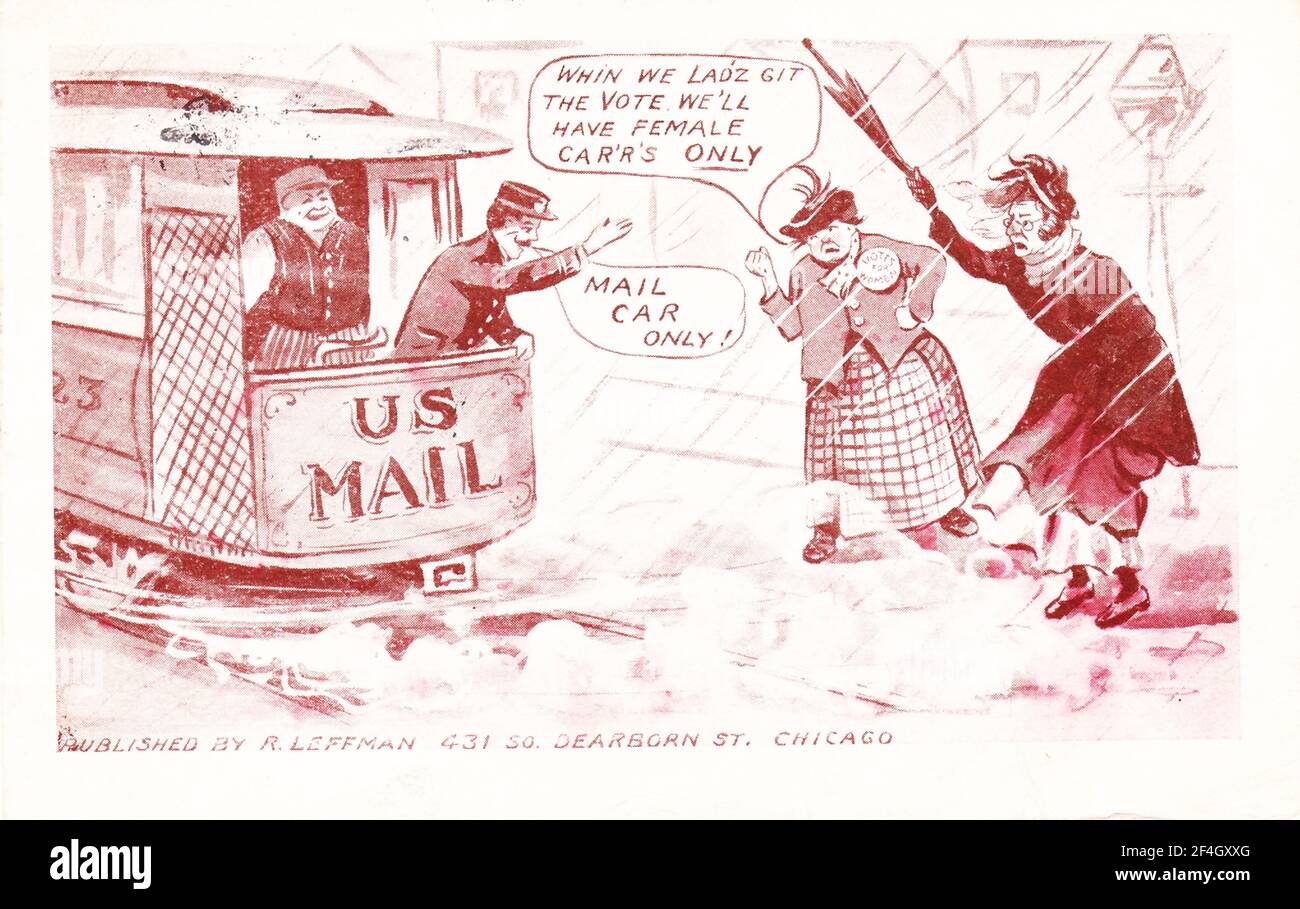 Punning postcard depicting a pair of mature women being refused entry to a postal car that is for 'Mail' only, with the suffragist responding 'Whin we Lad'z git the vote we'll have female car'r's only' published by R Leffman, Chicago, 1900. Photography by Emilia van Beugen. () Stock Photo