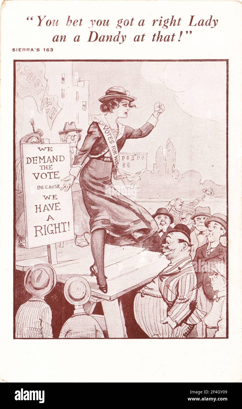 Postcard depicting a fat, uncouth man riveted by a pretty, young suffragist's legs rather than her words while she campaigns on a platform, captioned 'You bet you got a right Lady, an a Dandy at that,' published by Sierra's, New York, 1915. Photography by Emilia van Beugen. () Stock Photo