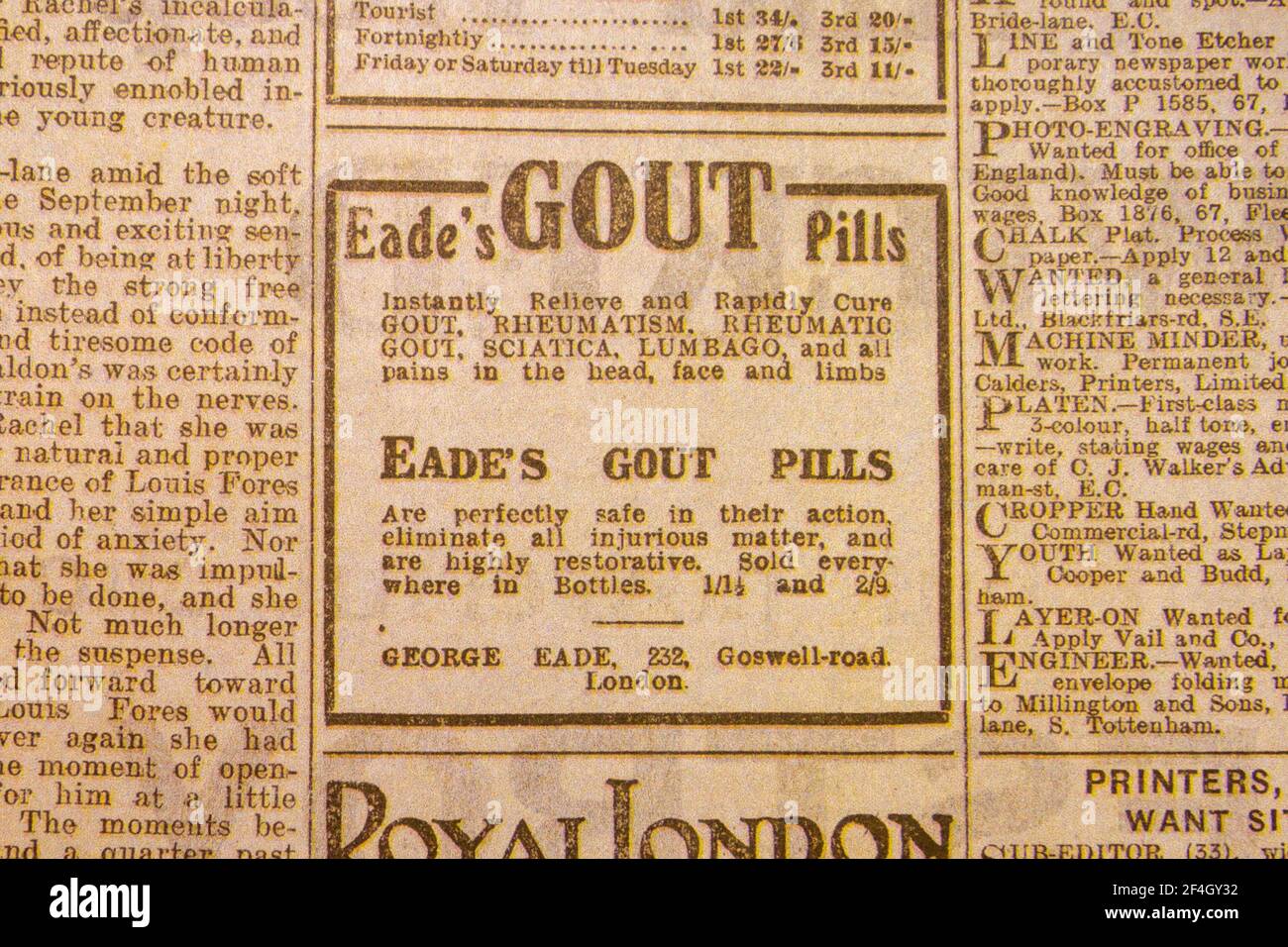 Advert for Eade's Gout Pills in the Daily News & Reader newspaper on 5th Aug 1914. Stock Photo
