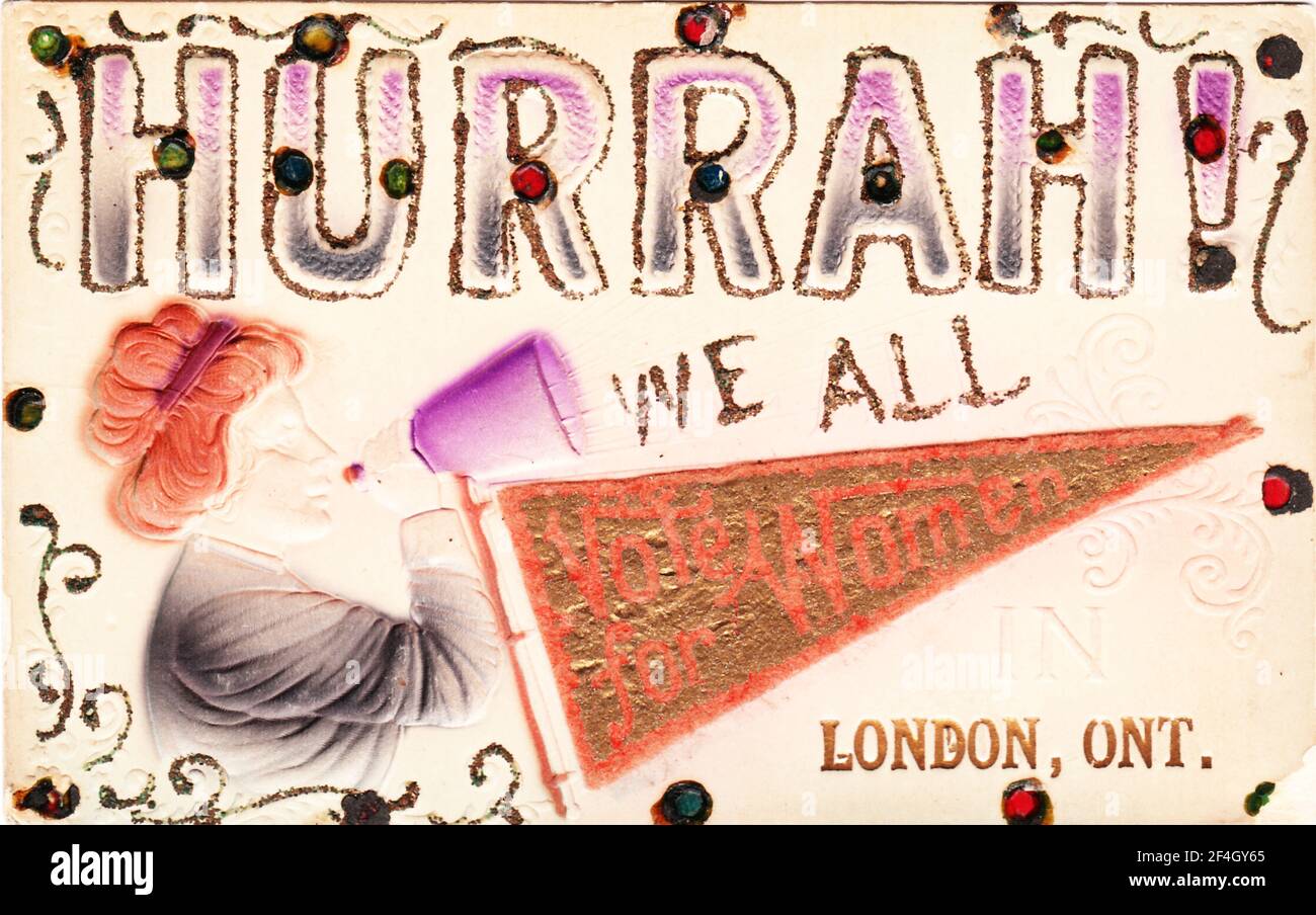 Generic suffrage postcard, with an embossed, tinted, and embellished image of a woman with a megaphone, a pennant, and the message 'Hurrah! We All Vote for Women, in London, Ont, ' printed in Canada, 1900. Photography by Emilia van Beugen. () Stock Photo