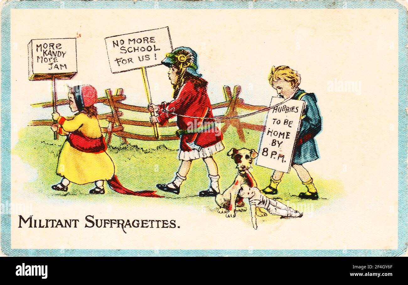 Postcard depicting two little girls holding protest signs and leading a reluctant boy, wearing a 'Hubbies to be home by 8 PM' placard, by a length of rope, captioned 'Militant Suffragettes', 1900. Photography by Emilia van Beugen. () Stock Photo