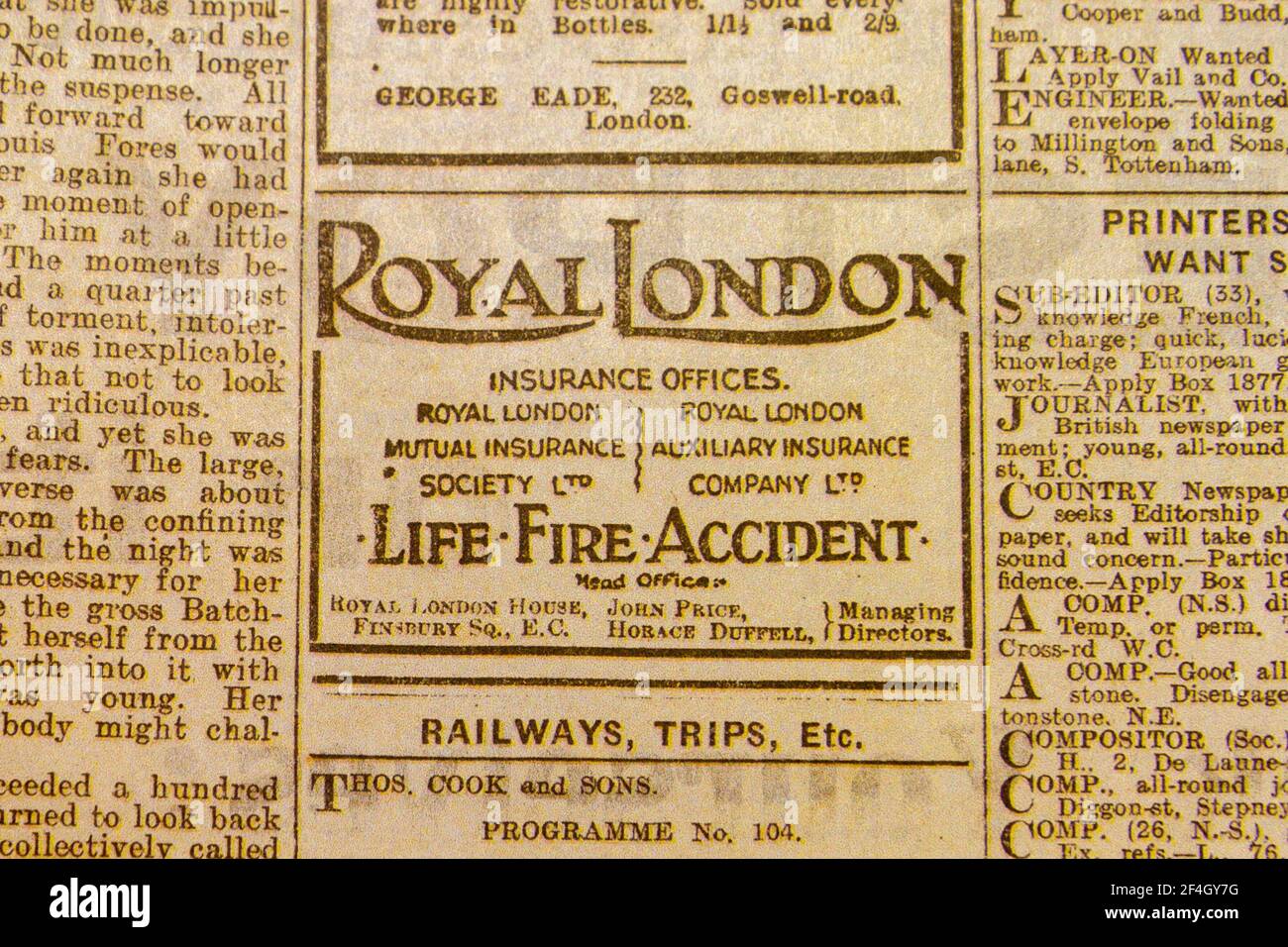 Advert for Royal London insurance in the Daily News & Reader newspaper on 5th Aug 1914. Stock Photo