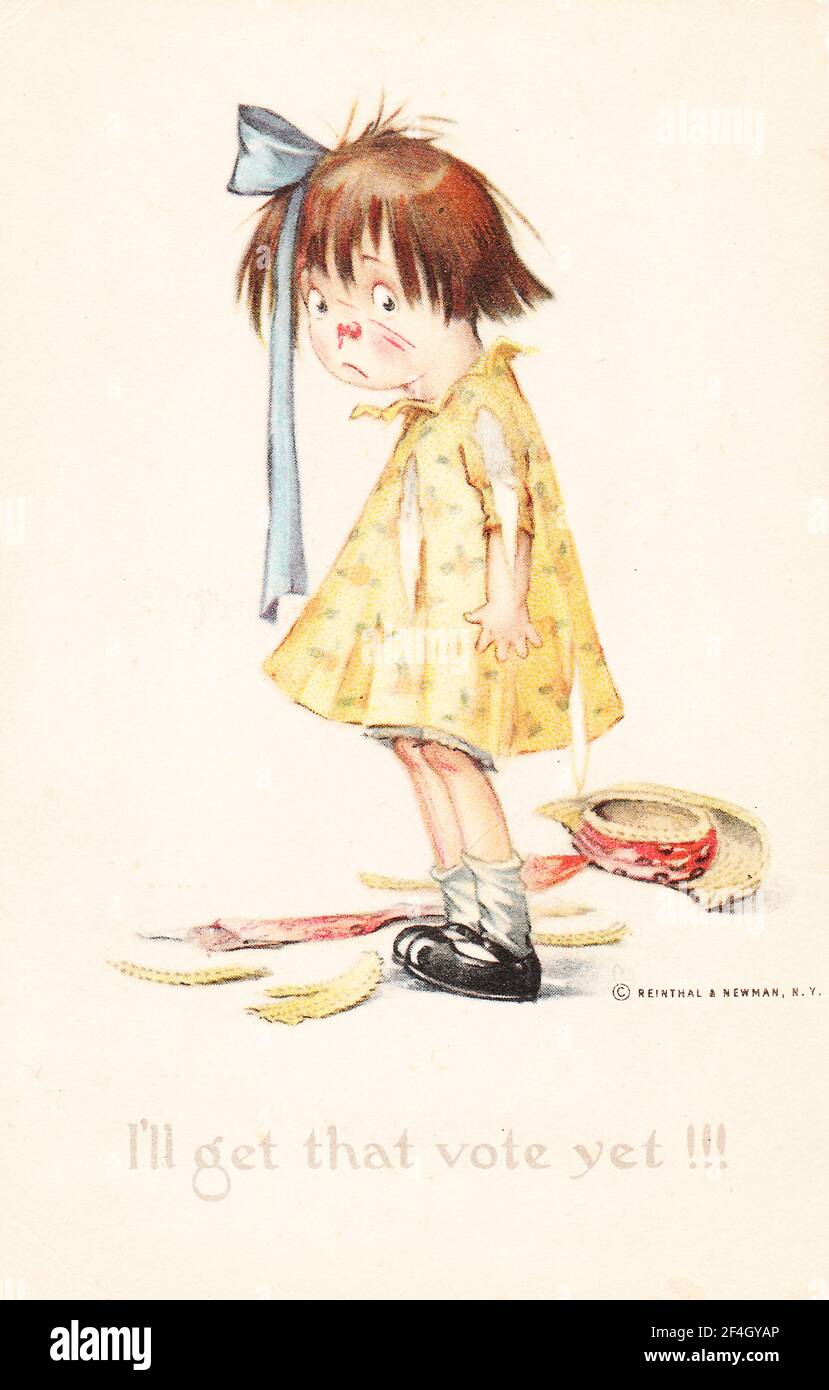 Postcard depicting a small girl, with a bloody nose, scratched face, and torn clothes, after being roughed up at a suffrage rally, captioned 'I'll get that vote yet!!!' copyright by Reinthal and Newman, New York, 1915. Photography by Emilia van Beugen. () Stock Photo