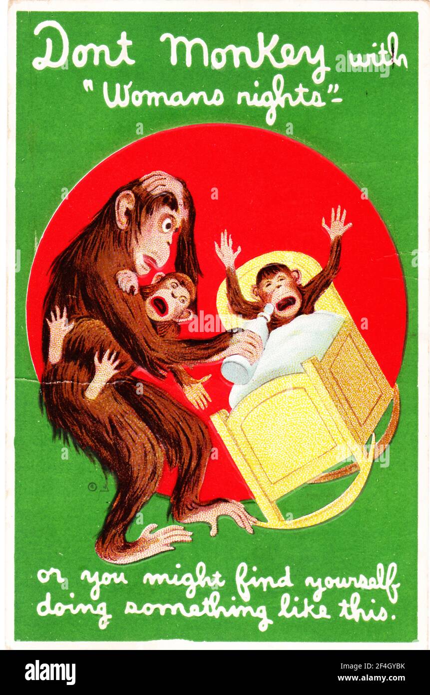 Postcard depicting a male monkey holding a crying baby monkey while trying to give a bottle to a second baby in a crib captioned 'Don't Monkey with Woman's rights - or you might find yourself doing something like this', 1900. Photography by Emilia van Beugen. () Stock Photo