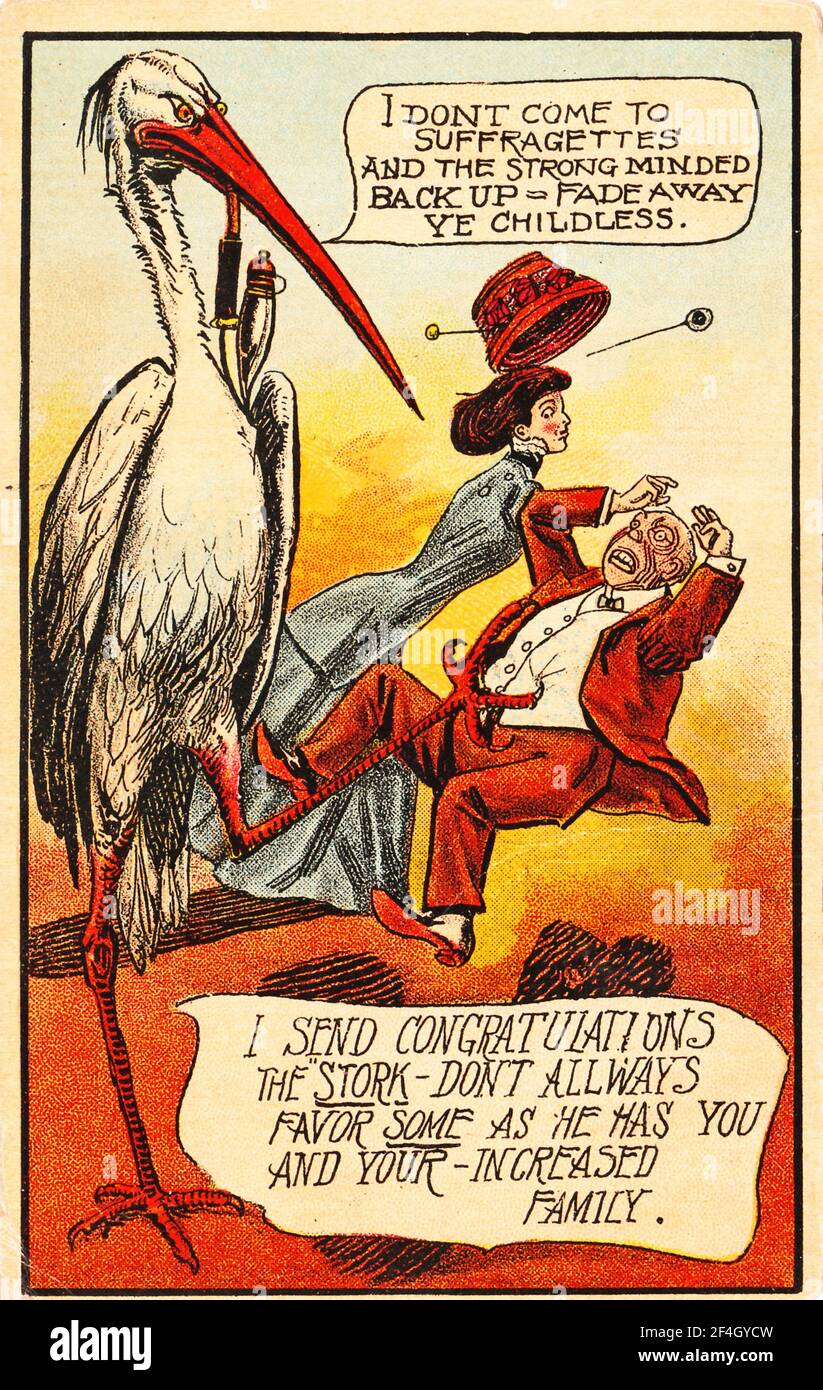 Suffrage-era birth congratulations postcard, with a giant stork menacing a man and woman, and the text box 'I don't come to suffragettes and the strong minded, back up - fade away ye childless, ' printed in the United States, 1900. Photography by Emilia van Beugen. () Stock Photo