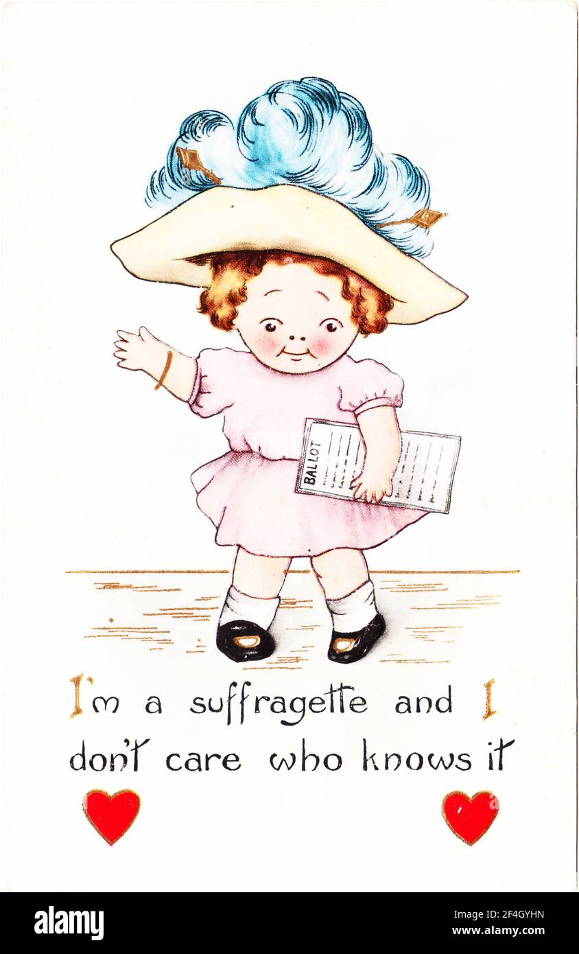 Valentine postcard, depicting a small girl wearing a large hat and holding a ballot, captioned 'I'm a suffragette and I don't care who knows it, ' printed in the United States, 1915. Photography by Emilia van Beugen. () Stock Photo