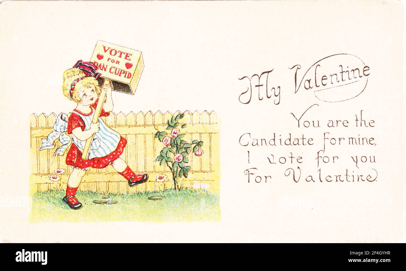 Suffrage-era valentine postcard, depicting a small girl carrying a box sign with the text 'Vote for Dan Cupid, ' possibly suggesting that she is supporting love over suffrage, 1900. Photography by Emilia van Beugen. () Stock Photo