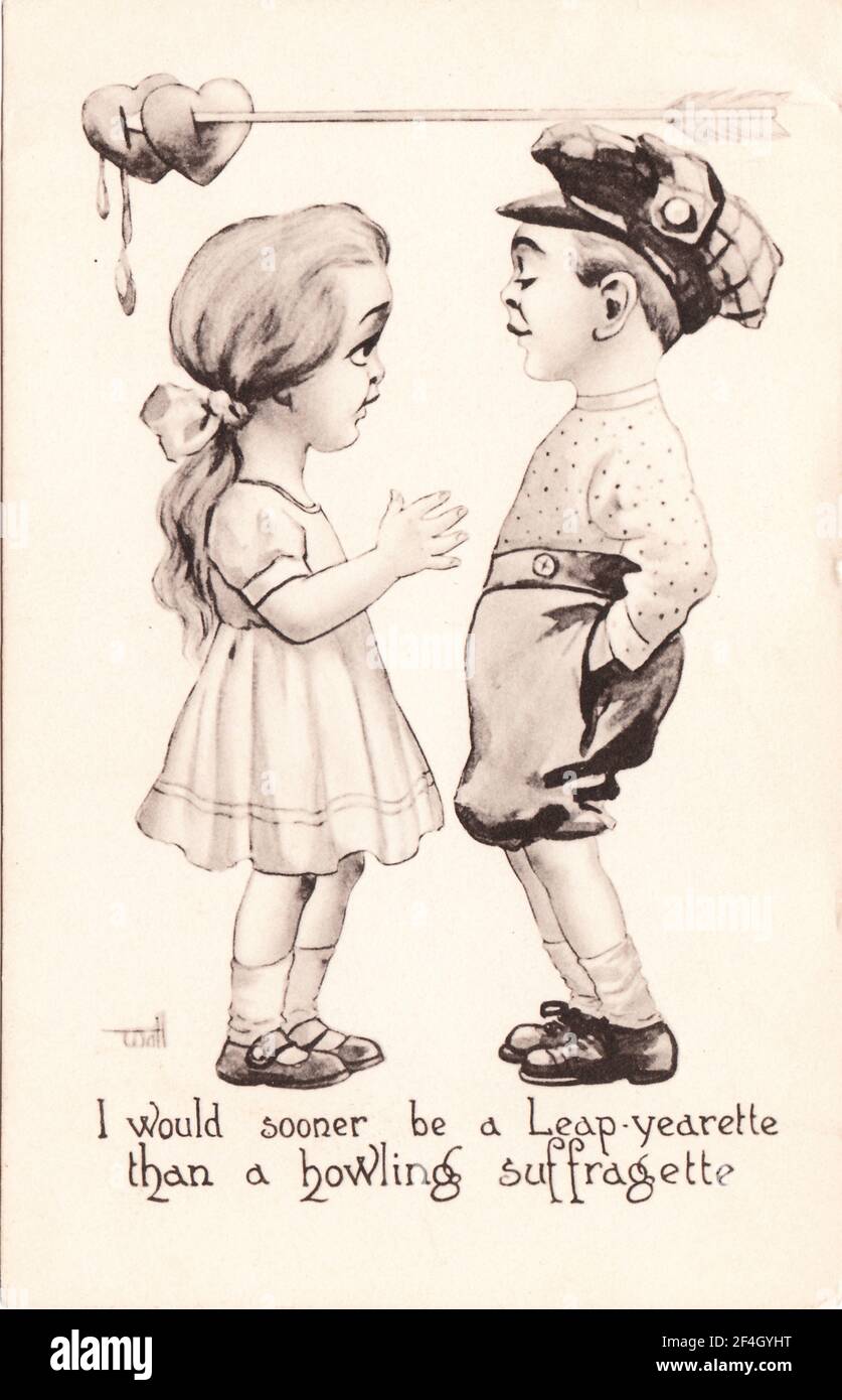 Valentine postcard depicting a small girl telling a boy 'I would sooner be a Leap-yearette than a howling suffragette, ' published by S Bergman, New York, 1915. Photography by Emilia van Beugen. () Stock Photo