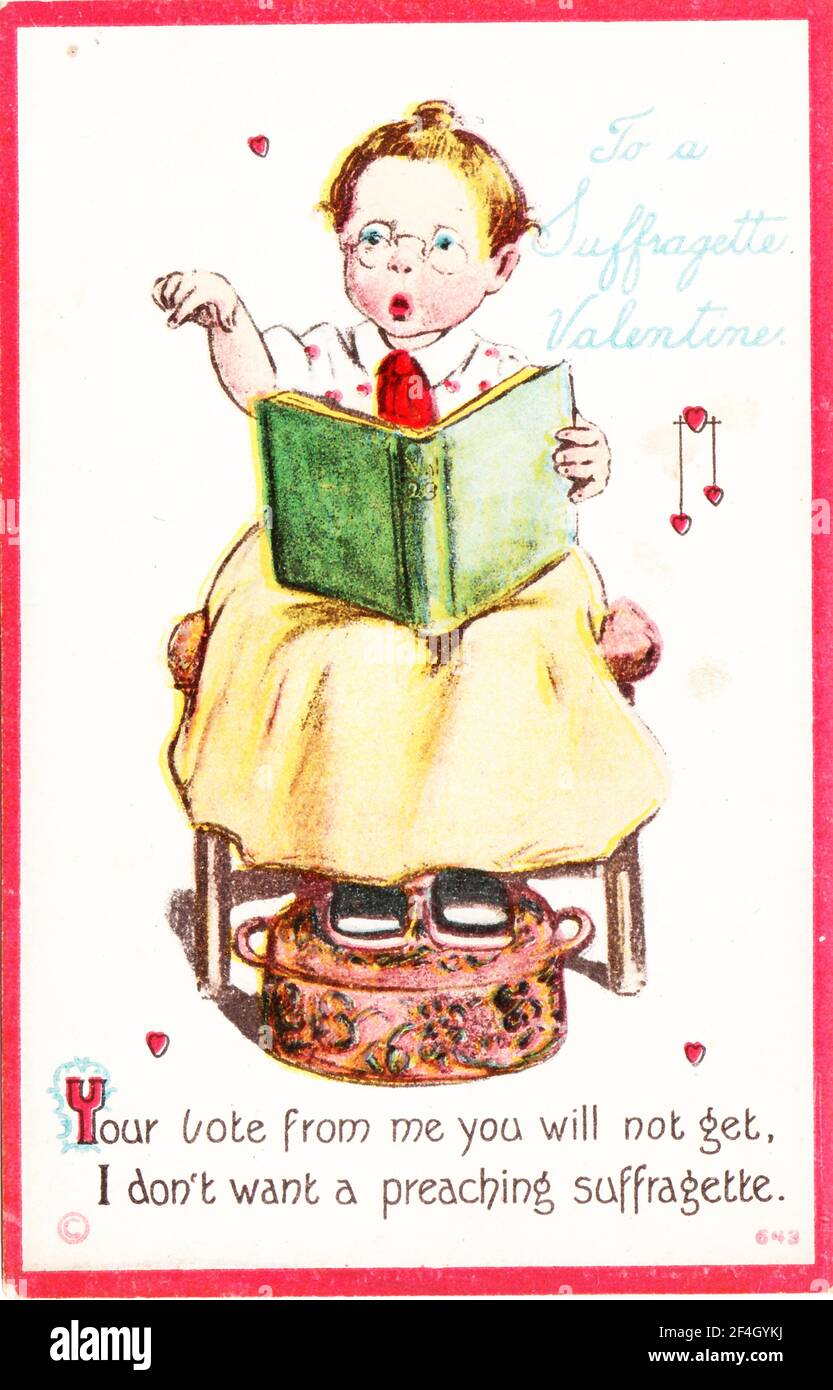 'Vinegar Valentine' postcard depicting a little girl suffragist sermonizing from a chair, captioned 'Your vote from me you will not get, I don't want a preaching suffragette, ' printed in the United States, 1900. Photography by Emilia van Beugen. () Stock Photo