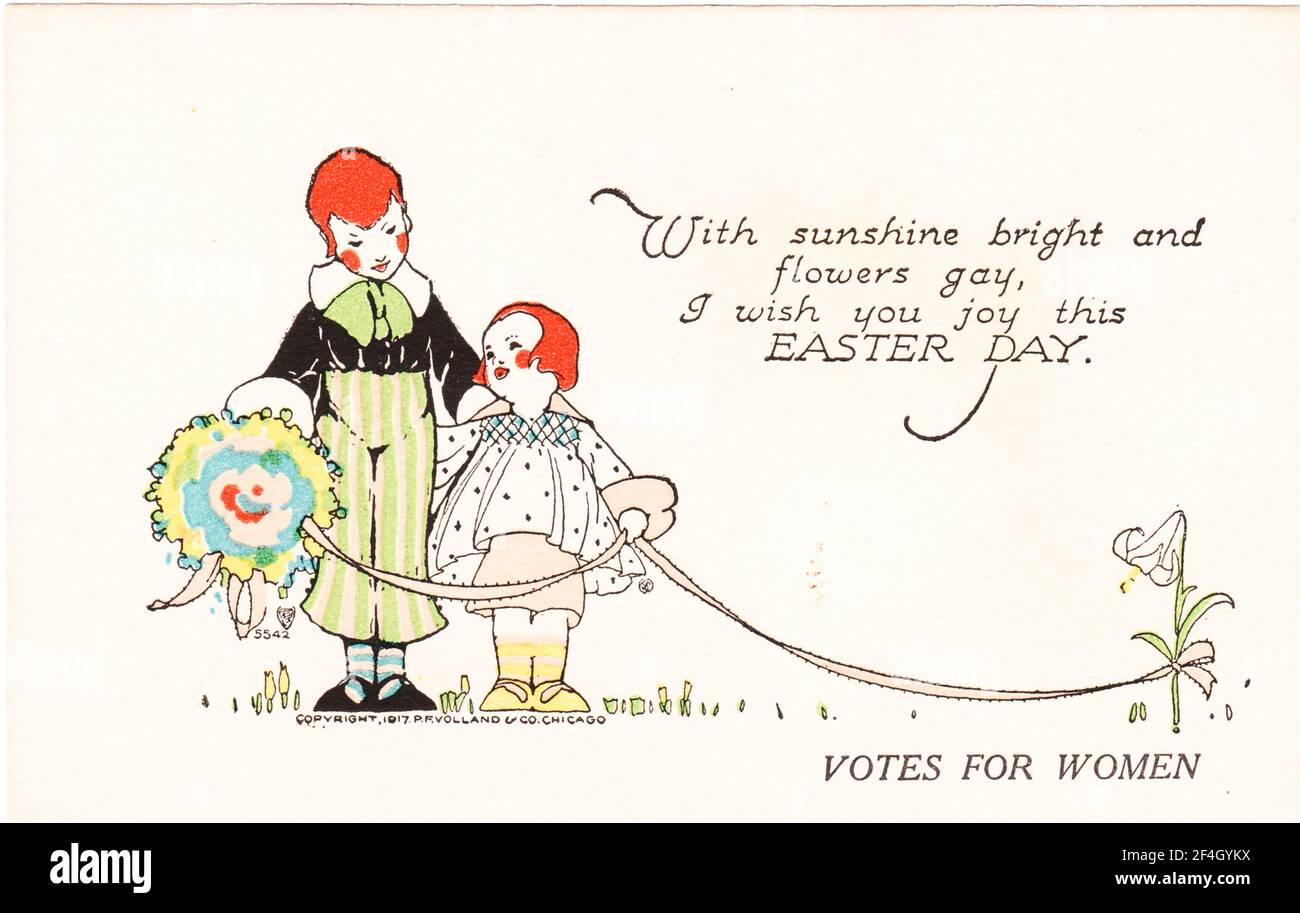 Holiday postcard depicting a small boy and girl holding flowers and ribbon, with a generic Easter verse and the words 'Votes for Women' beneath the greeting, published by PF Volland and Company, Chicago, 1917. Photography by Emilia van Beugen. () Stock Photo