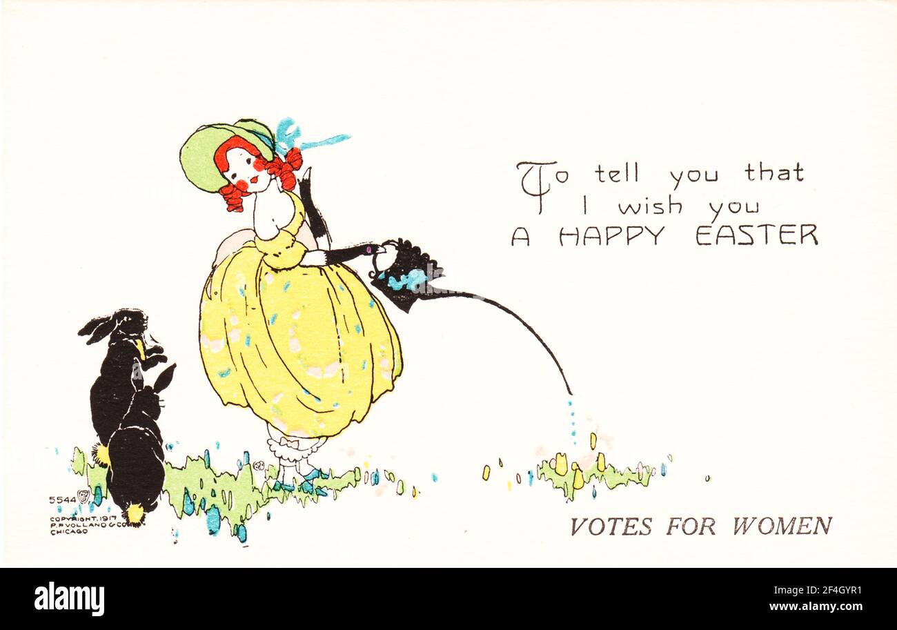 Holiday postcard depicting a young woman looking at a pair of rabbits while watering a garden, with a generic Easter verse and the words 'Votes for Women' beneath the greeting, published by PF Volland and Company, Chicago, April, 1917. Photography by Emilia van Beugen. () Stock Photo