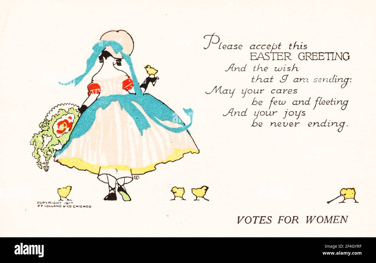 Holiday postcard depicting a young woman, from the back, surrounded by chicks, with a generic Easter verse and the words 'Votes for Women' beneath the greeting, published by PF Volland and Company, Chicago, April, 1917. Photography by Emilia van Beugen. () Stock Photo