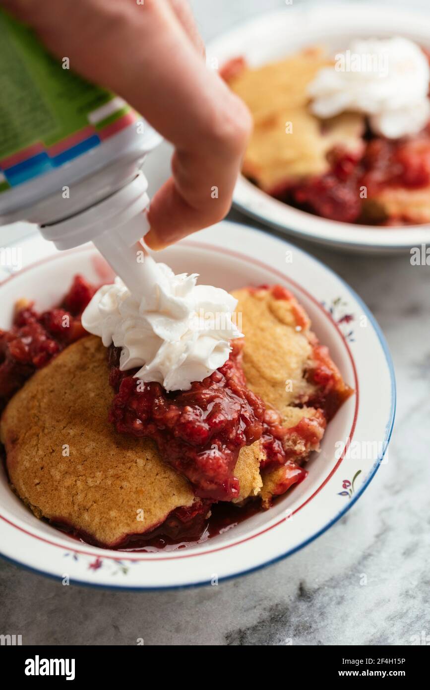 Home made vegan raspberry rhubarb cobbler. Stock Photo