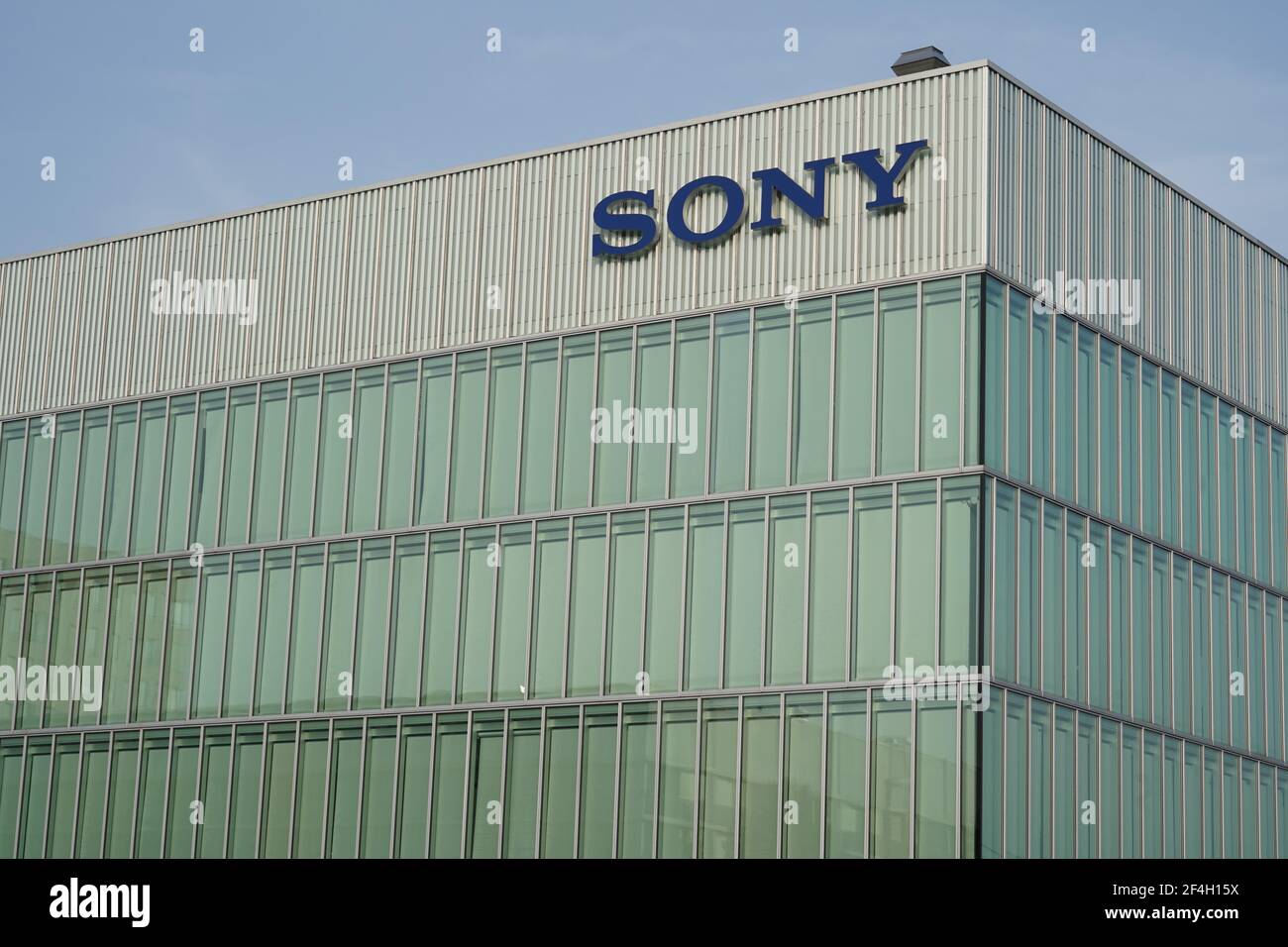 Sony headquarters in Switzerland, building with company name. This Japanese company manufactures electronic products. Stock Photo