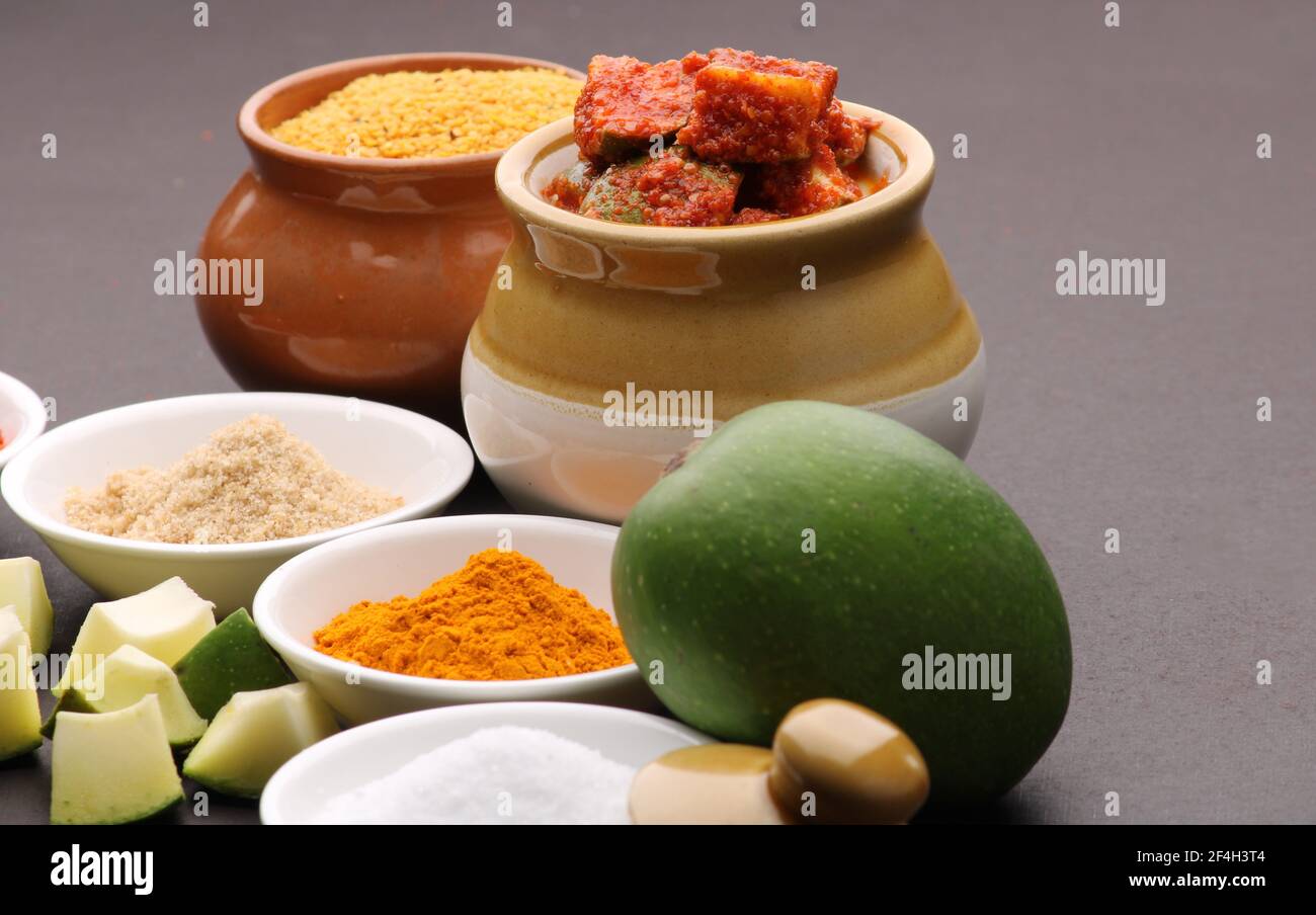 Homemade Mango Pickle Or m Ka Achar Kairi Loncha With Ingredients Stock Photo Alamy