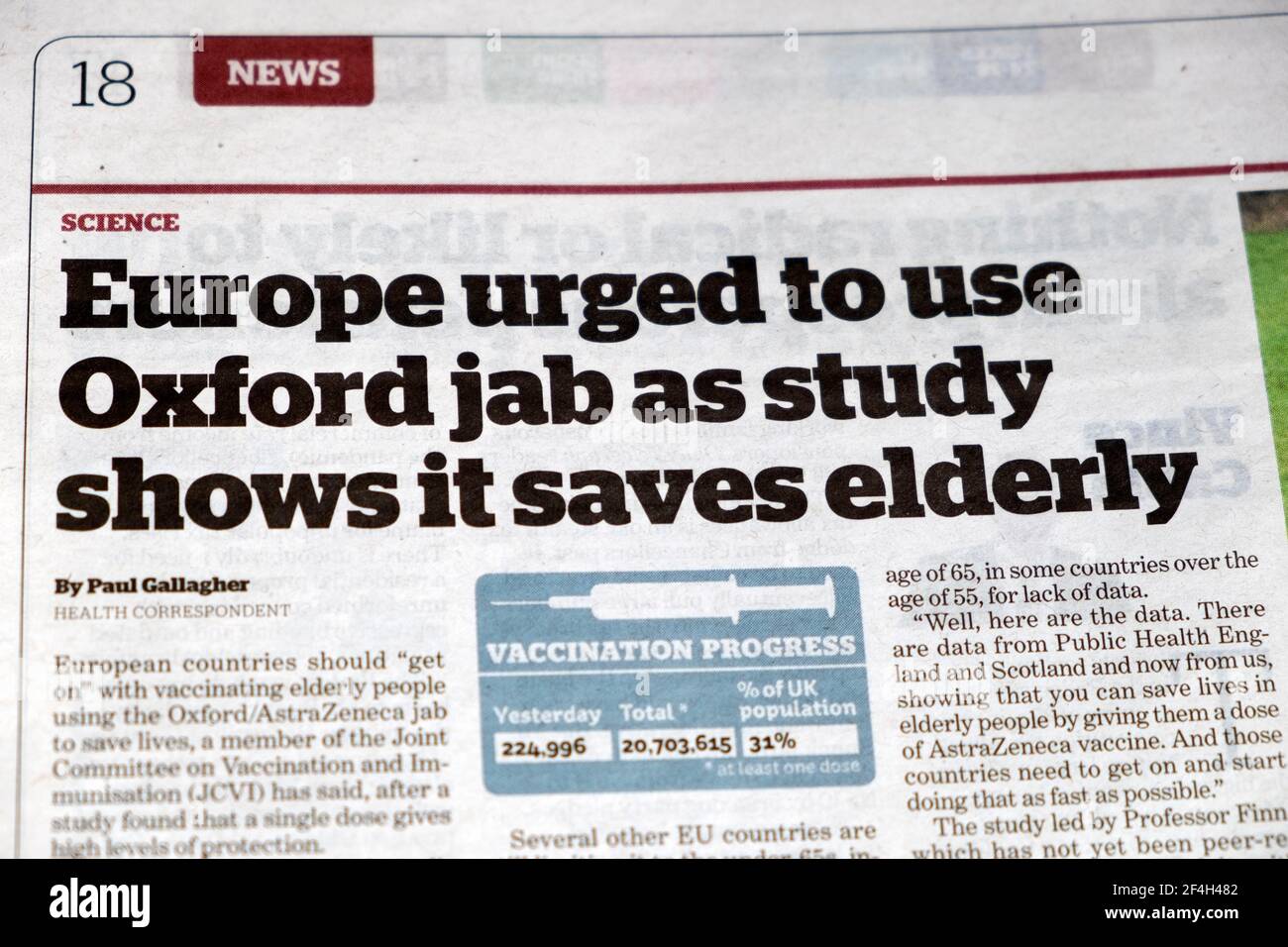 'Europe urged to use Oxford jab as study shows it saves elderly' Coronavirus Covid 19 i newspaper headline article on 3 March 2021 London UK Stock Photo